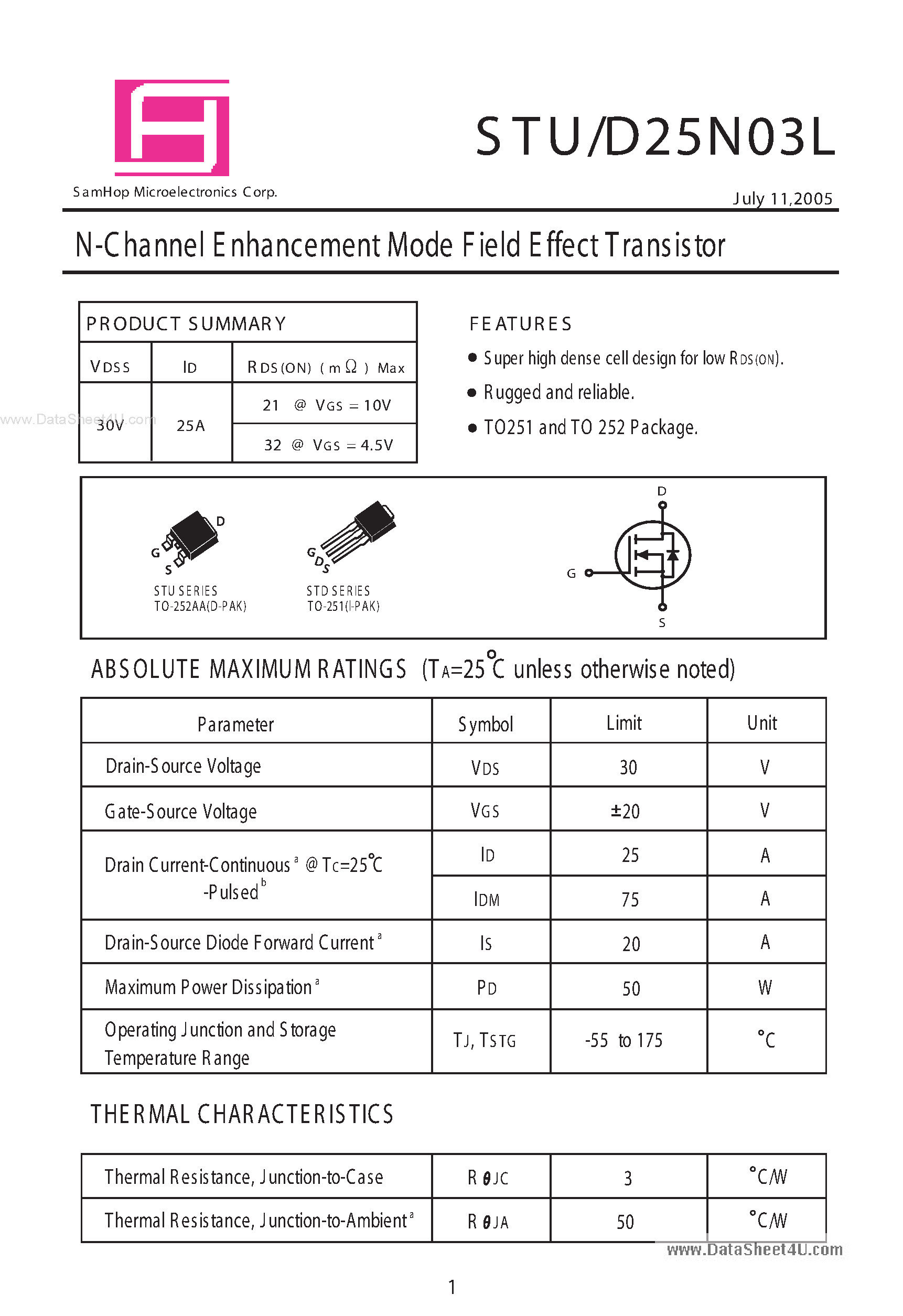 Datasheet STU25N03L - N-Channel Enhancement Mode Field Effect Transistor page 1