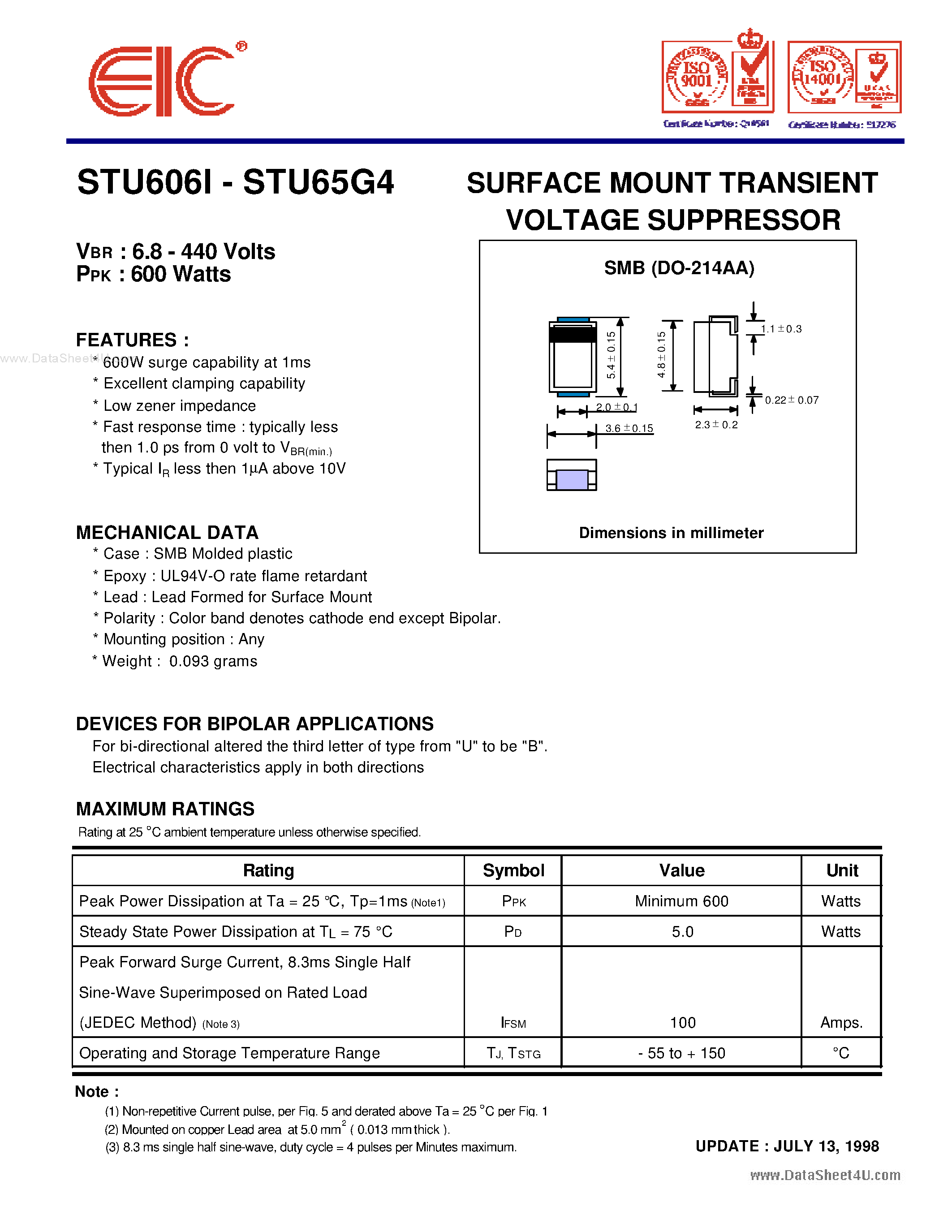 Datasheet STU6010 - SURFACE MOUNT TRANSIENT VOLTAGE SUPPRESSOR page 1