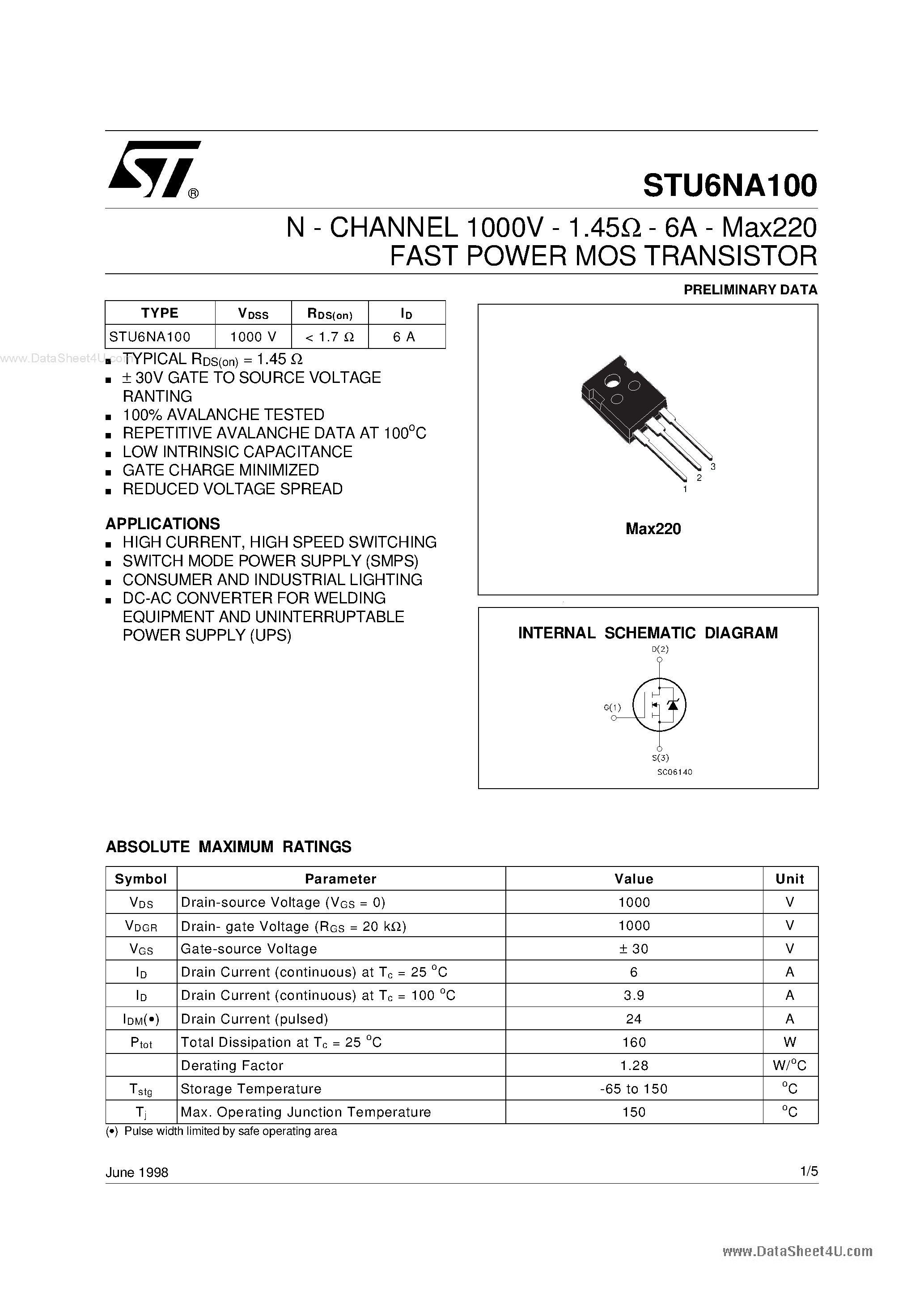 Datasheet STU6NA100 - N-channel Power MOSFET page 1