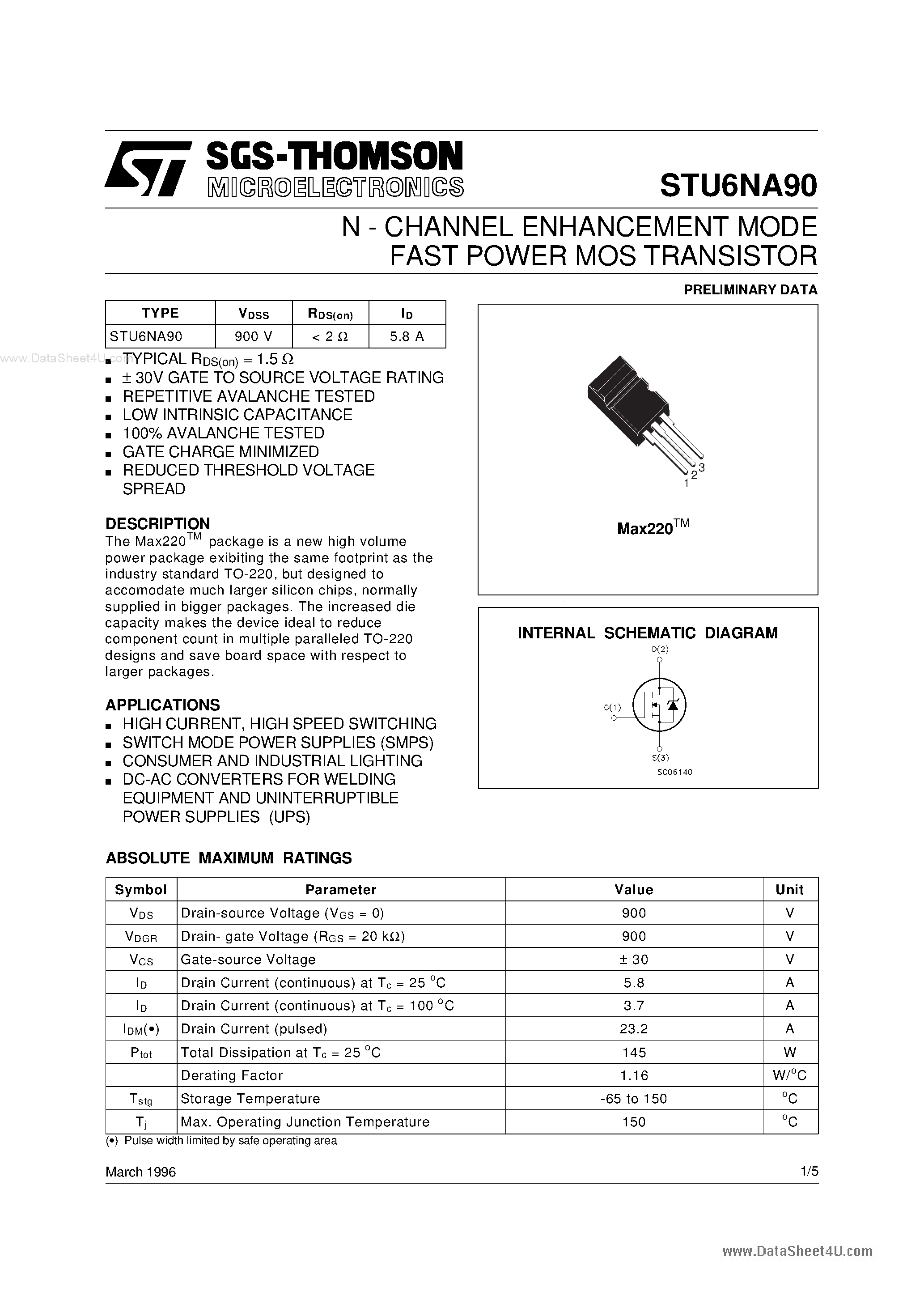 Datasheet STU6NA90 - N-channel Power MOSFET page 1