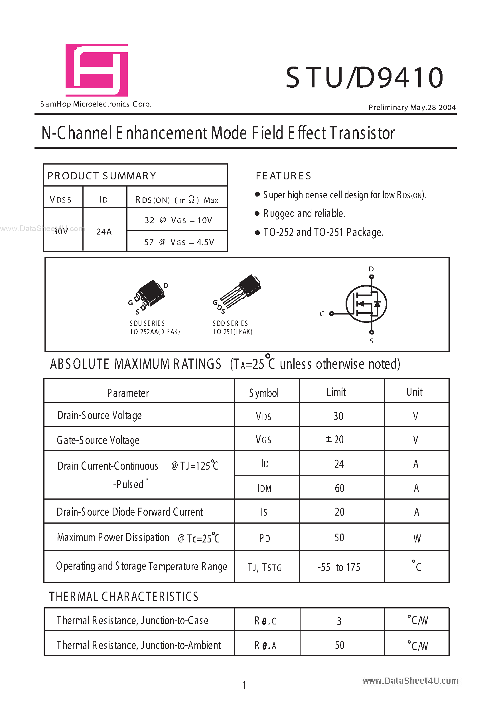 Datasheet STU9410 - N-Channel Enhancement Mode Field Effect Transistor page 1