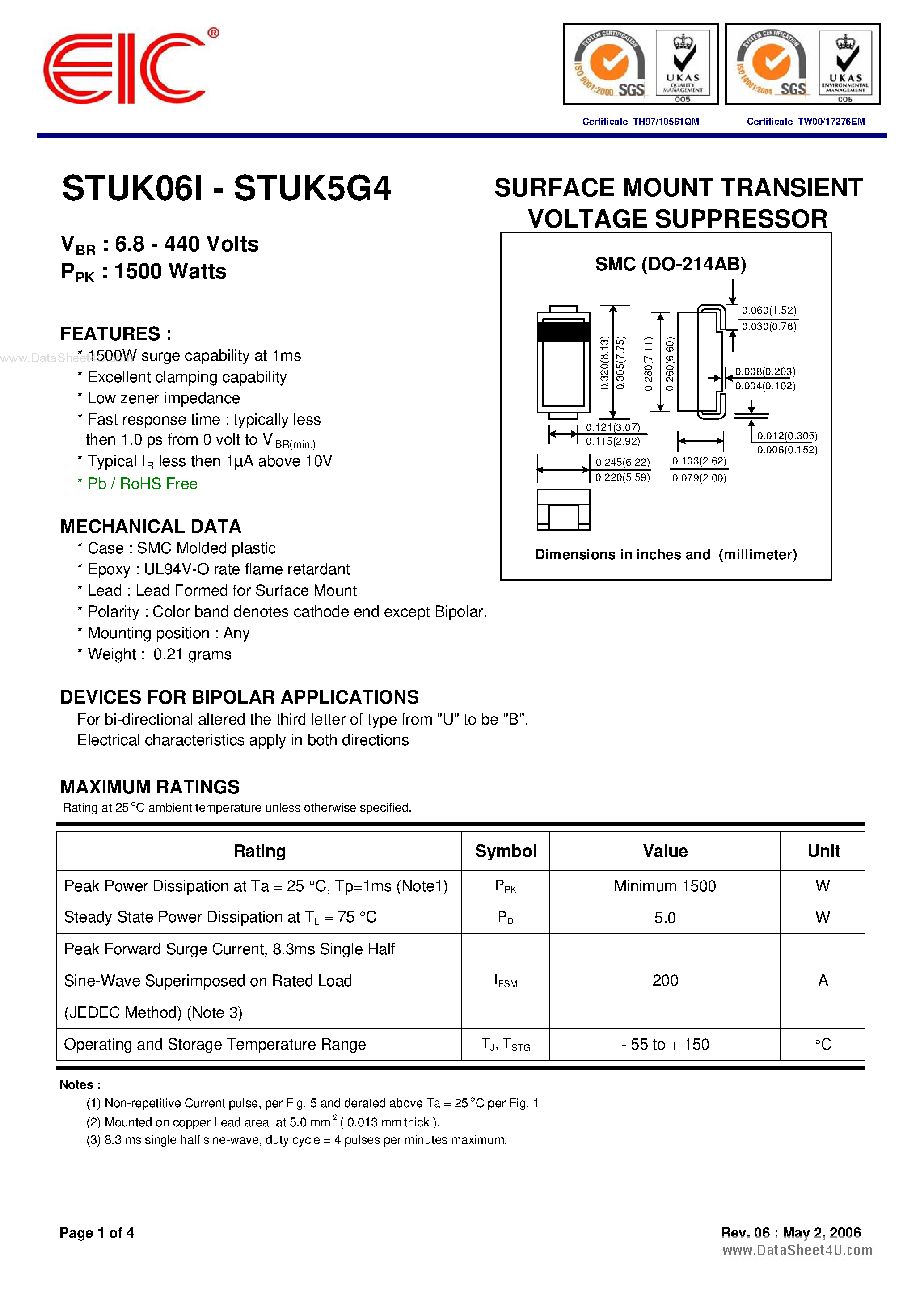 Даташит STUKxxx - SURFACE MOUNT TRANSIENT VOLTAGE SUPPRESSOR страница 1