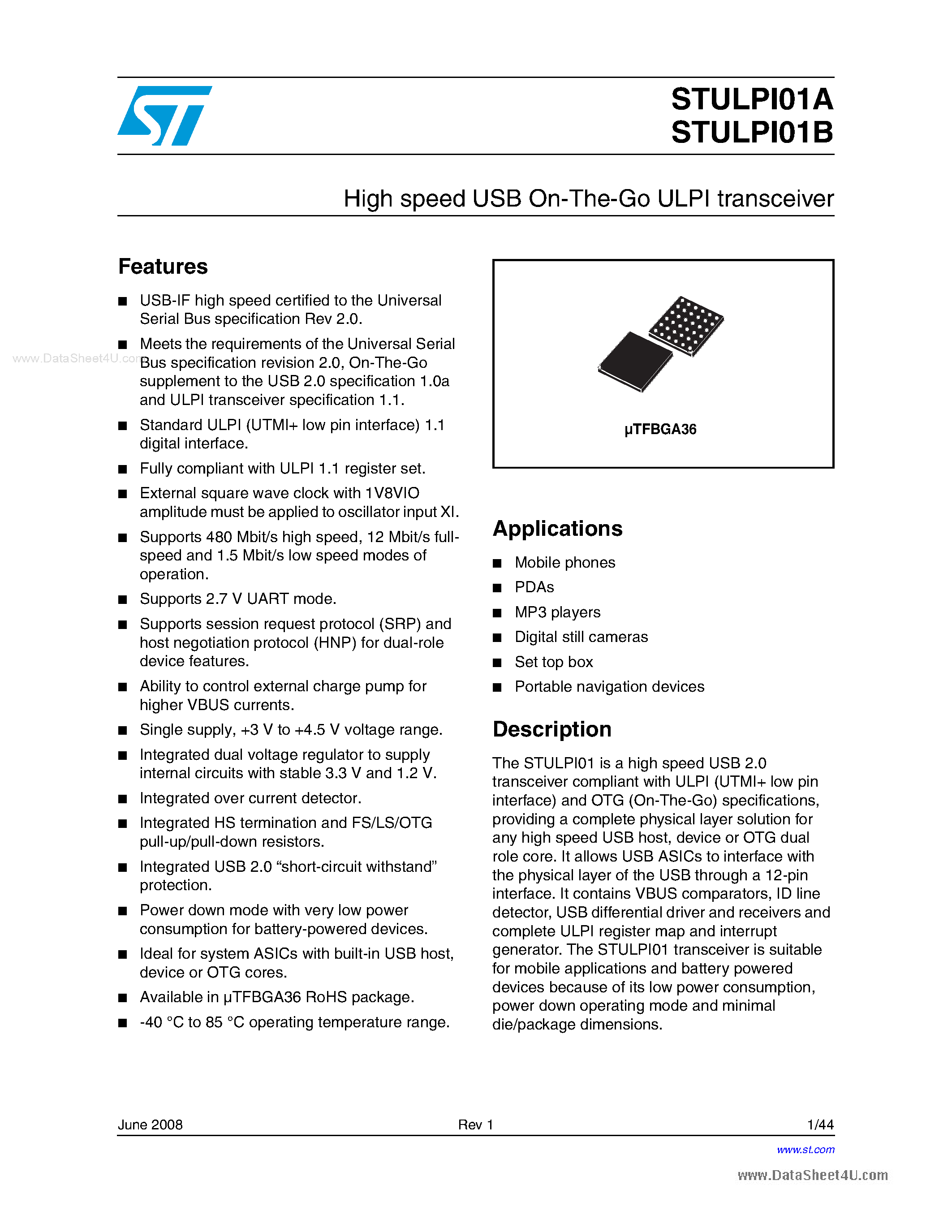 Даташит STULPI01A - High speed USB On-The-Go ULPI transceiver страница 1