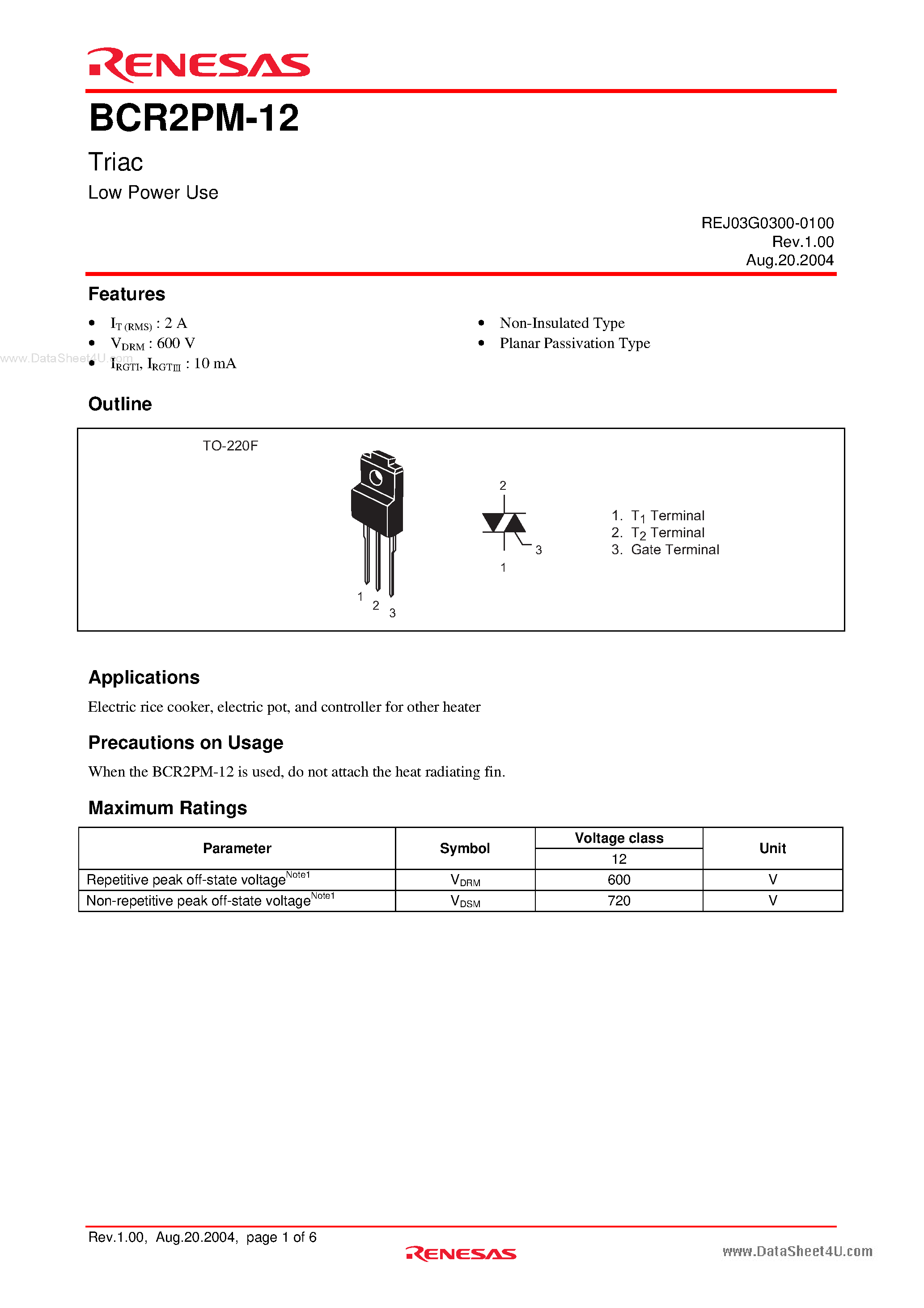 Даташит BCR2PM-12 - Triac Low Power Use страница 1