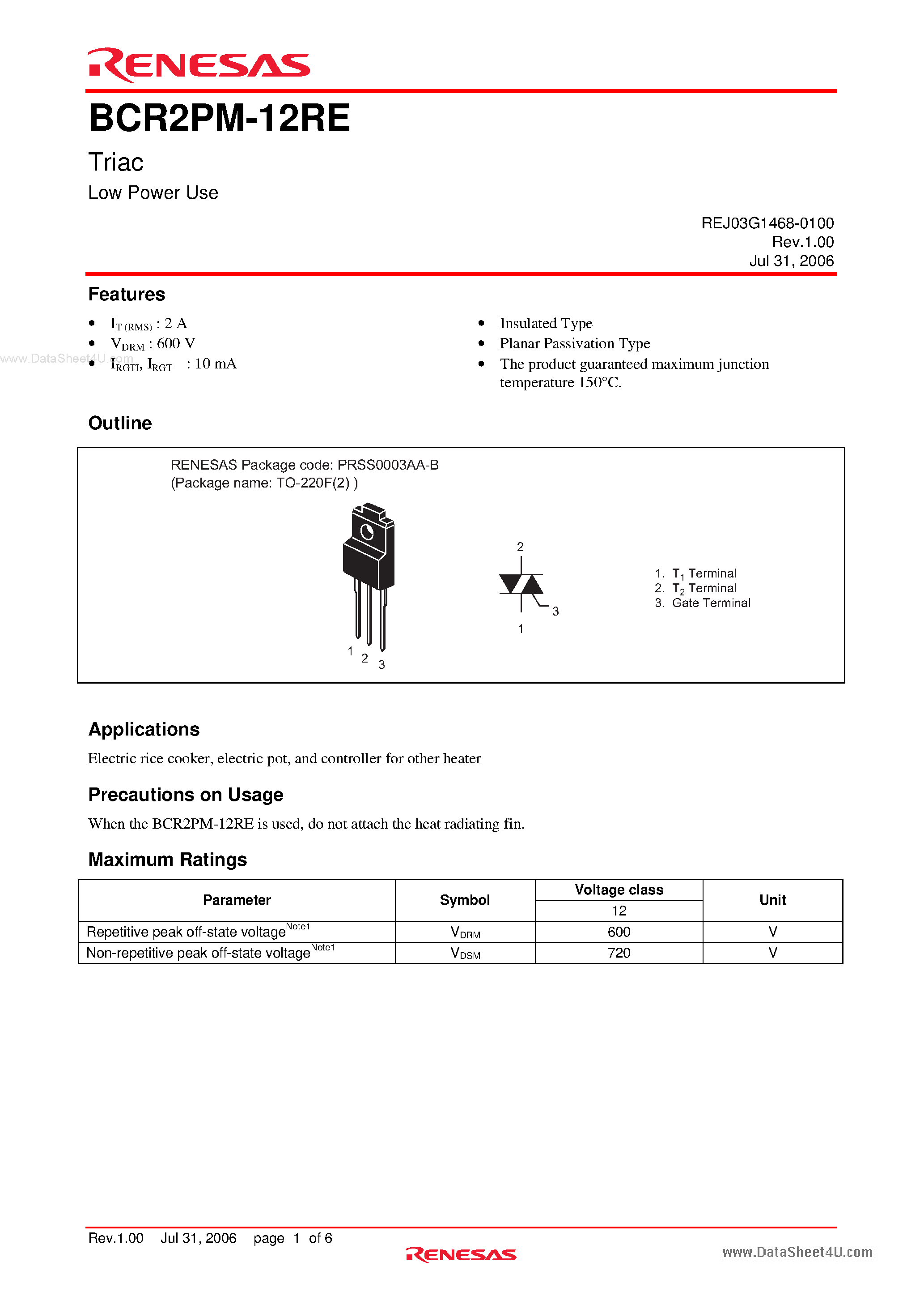 Даташит BCR2PM-12RE - Triac Low Power Use страница 1