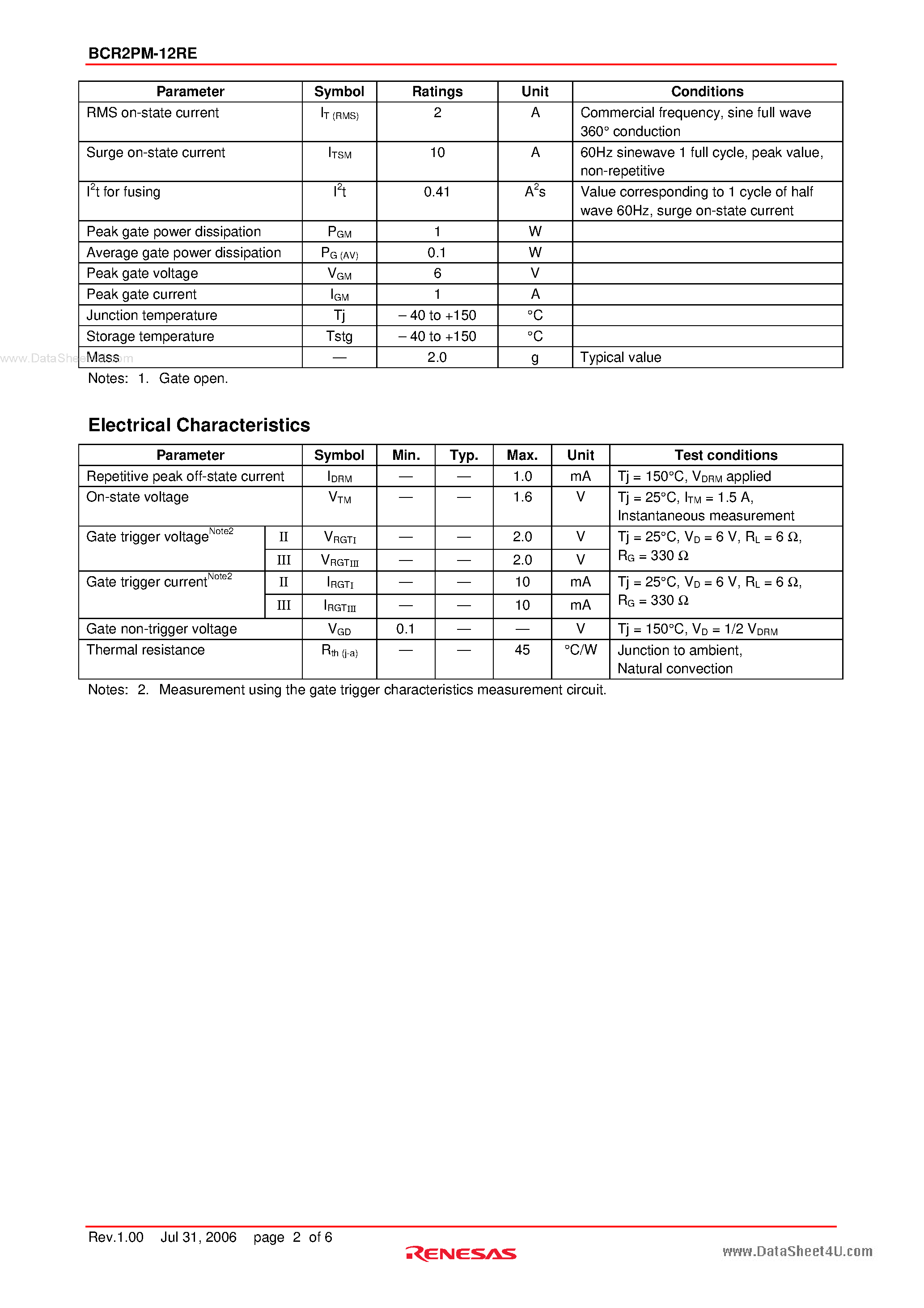 Даташит BCR2PM-12RE - Triac Low Power Use страница 2