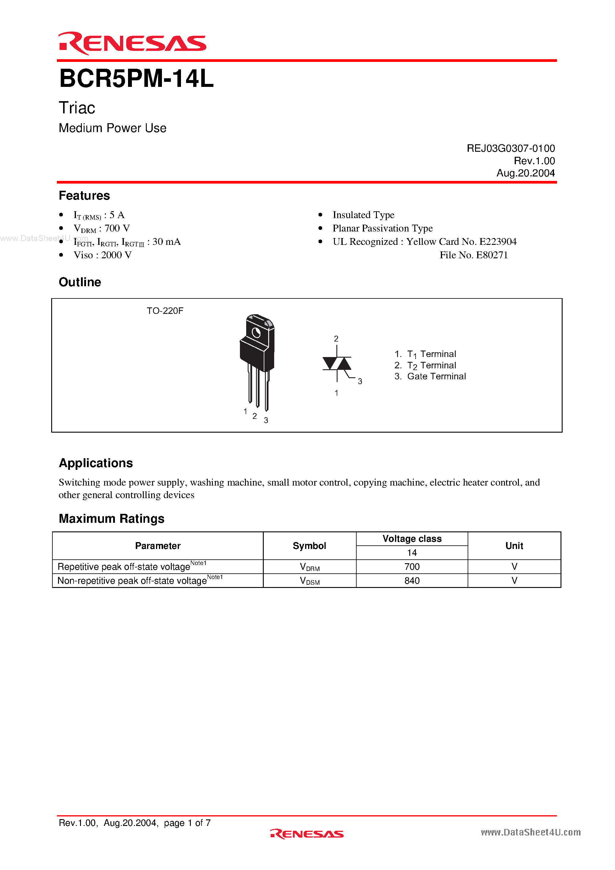 Даташит BCR5PM-14L - Triac Medium Power Use страница 1