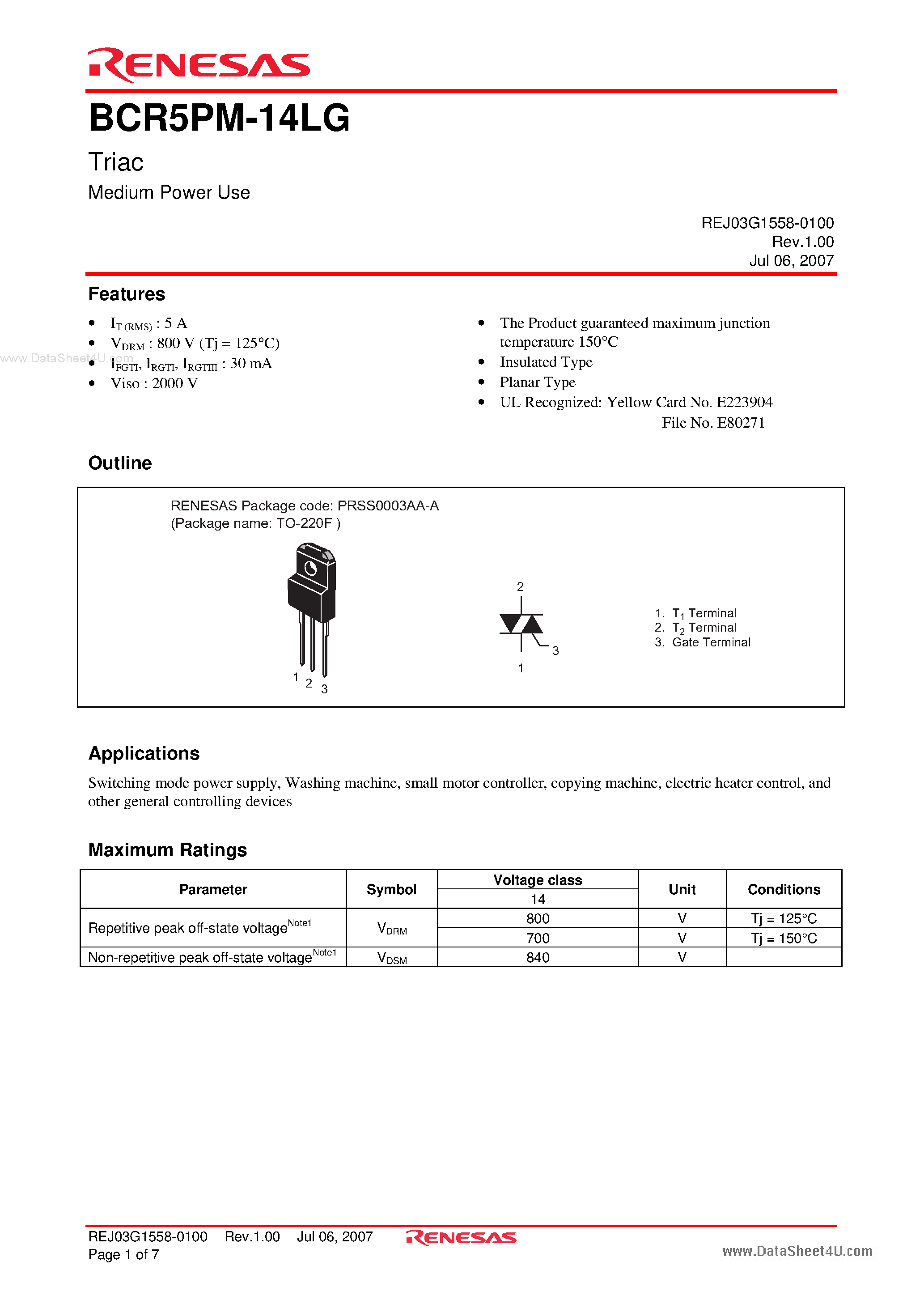 Даташит BCR5PM-14LG - Triac Medium Power Use страница 1