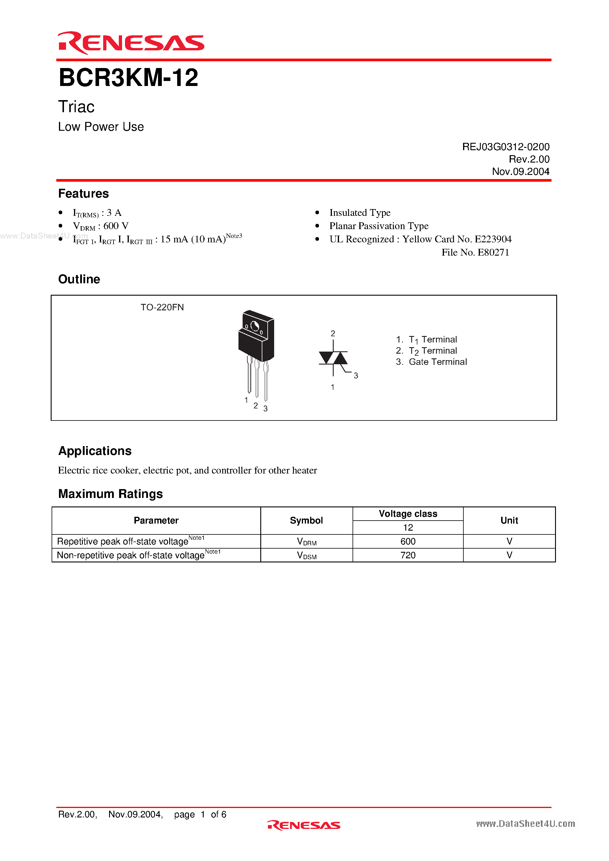 Даташит BCR3KM-12 - Triac Low Power Use страница 1