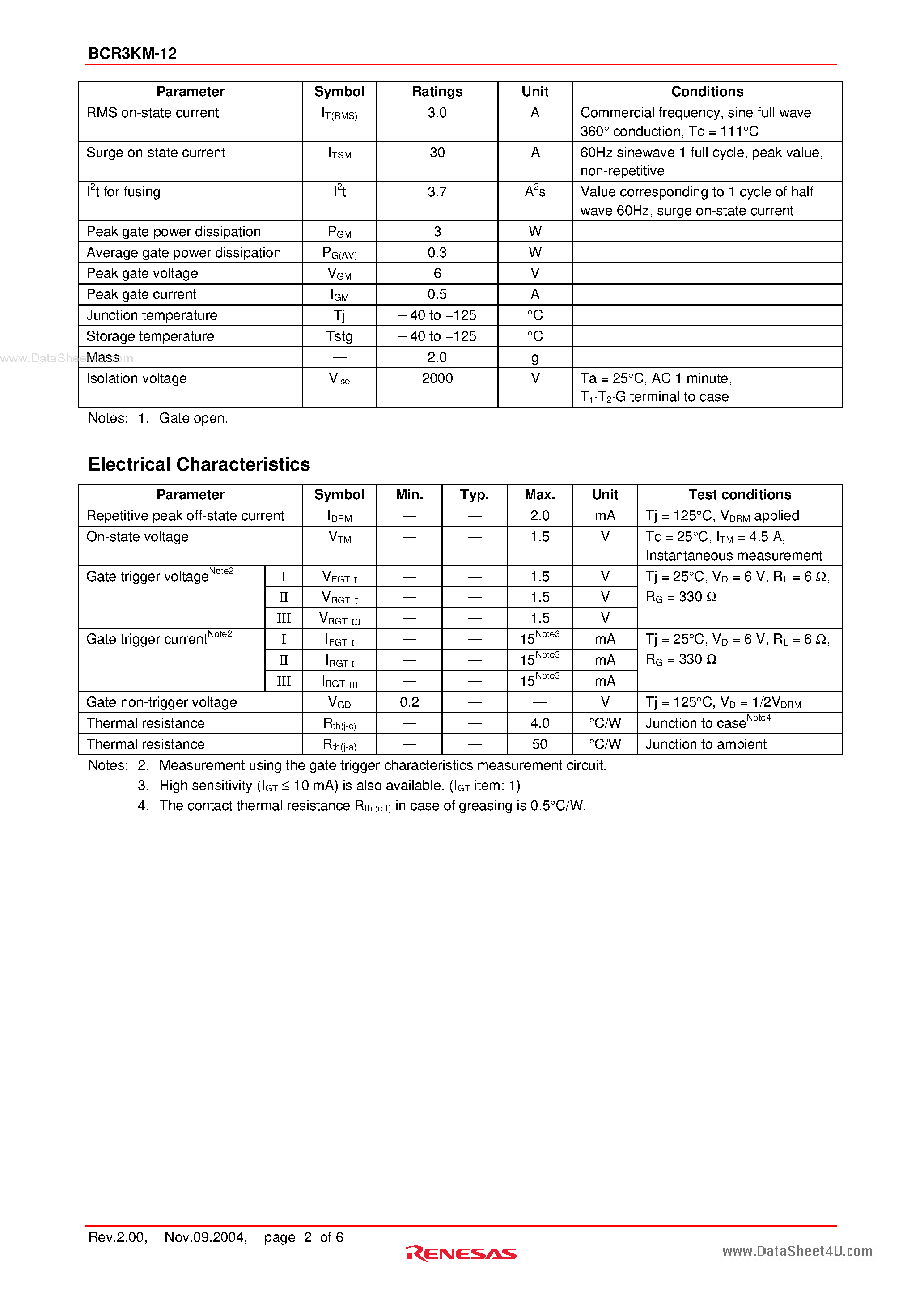 Даташит BCR3KM-12 - Triac Low Power Use страница 2