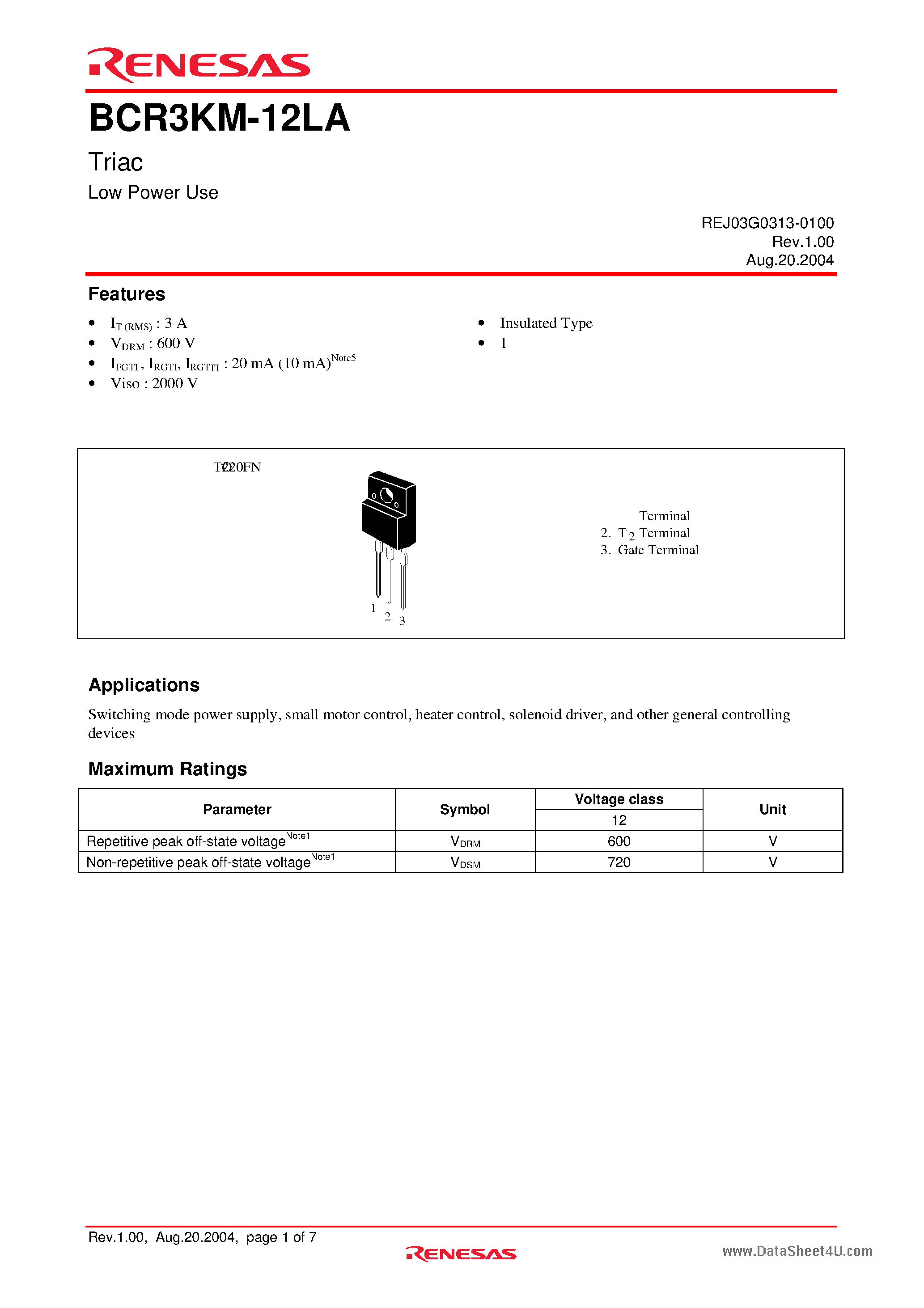 Даташит BCR3KM-12LA - Triac Low Power Use страница 1