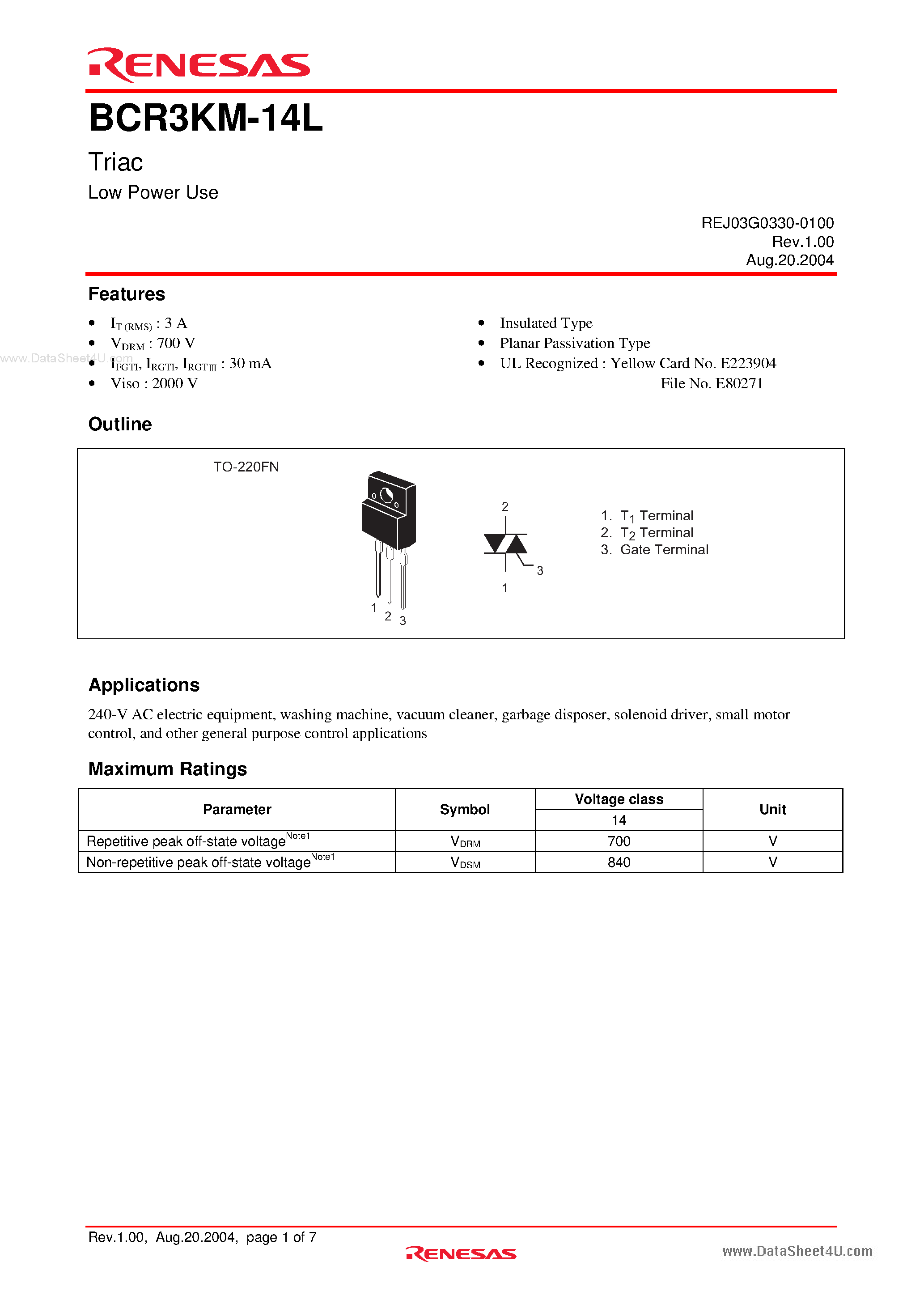 Даташит BCR3PM-14L - Triac Low Power Use страница 1