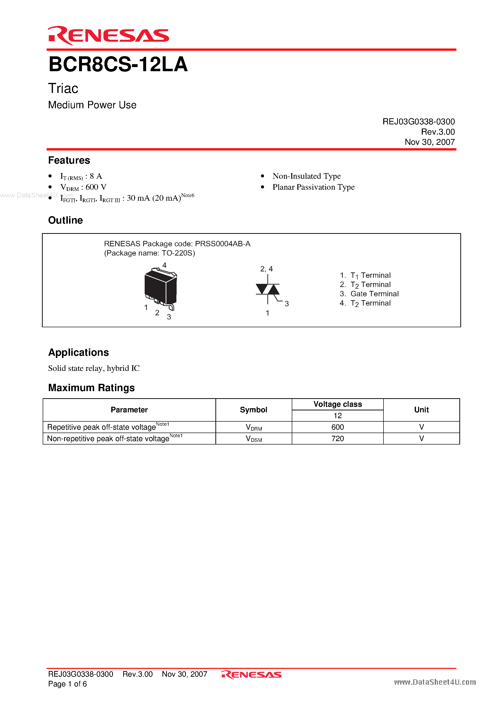 Даташит BCR8CS-12LA - Triac Medium Power Use страница 1