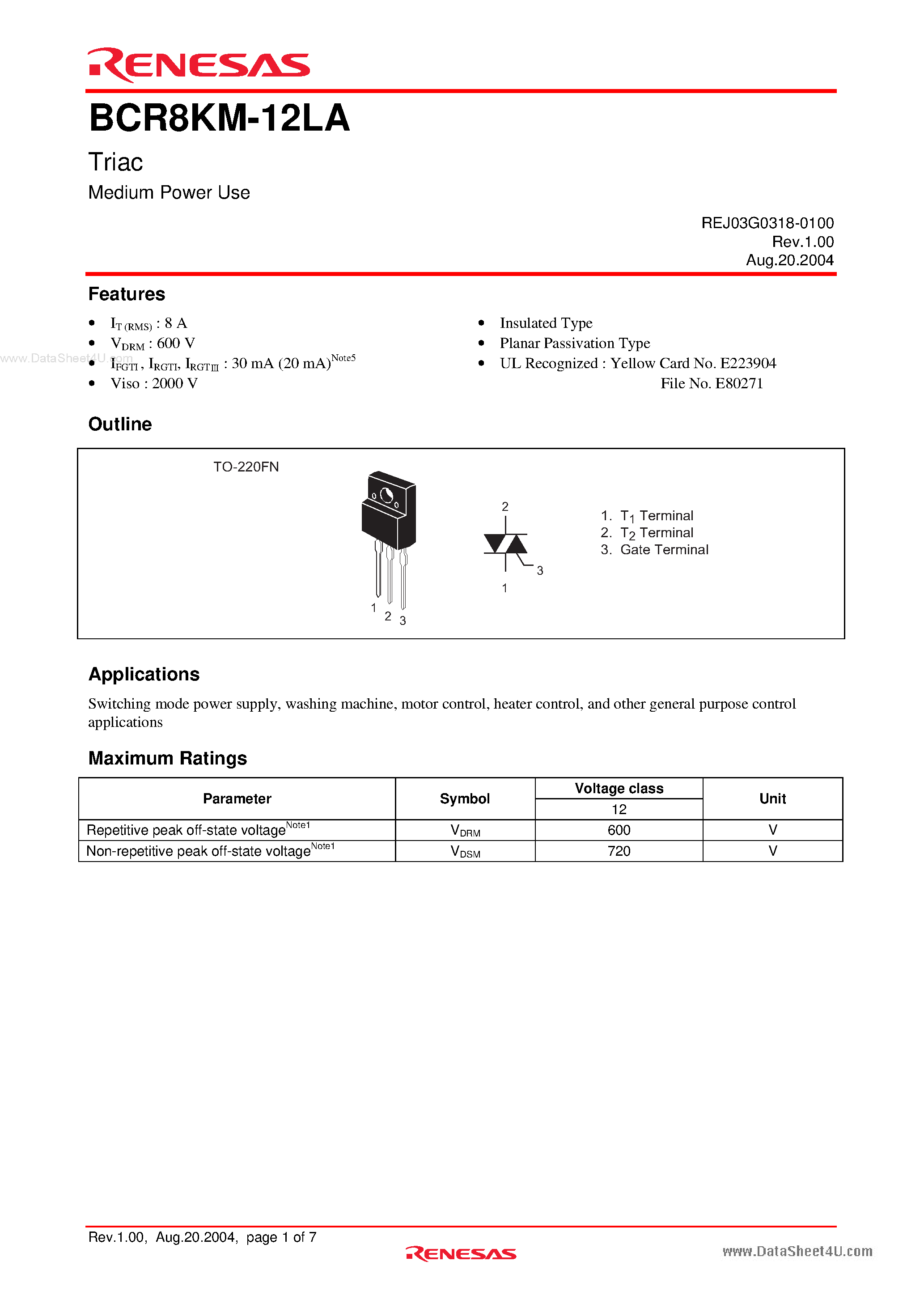 Даташит BCR8KM-12LA - Triac Medium Power Use страница 1