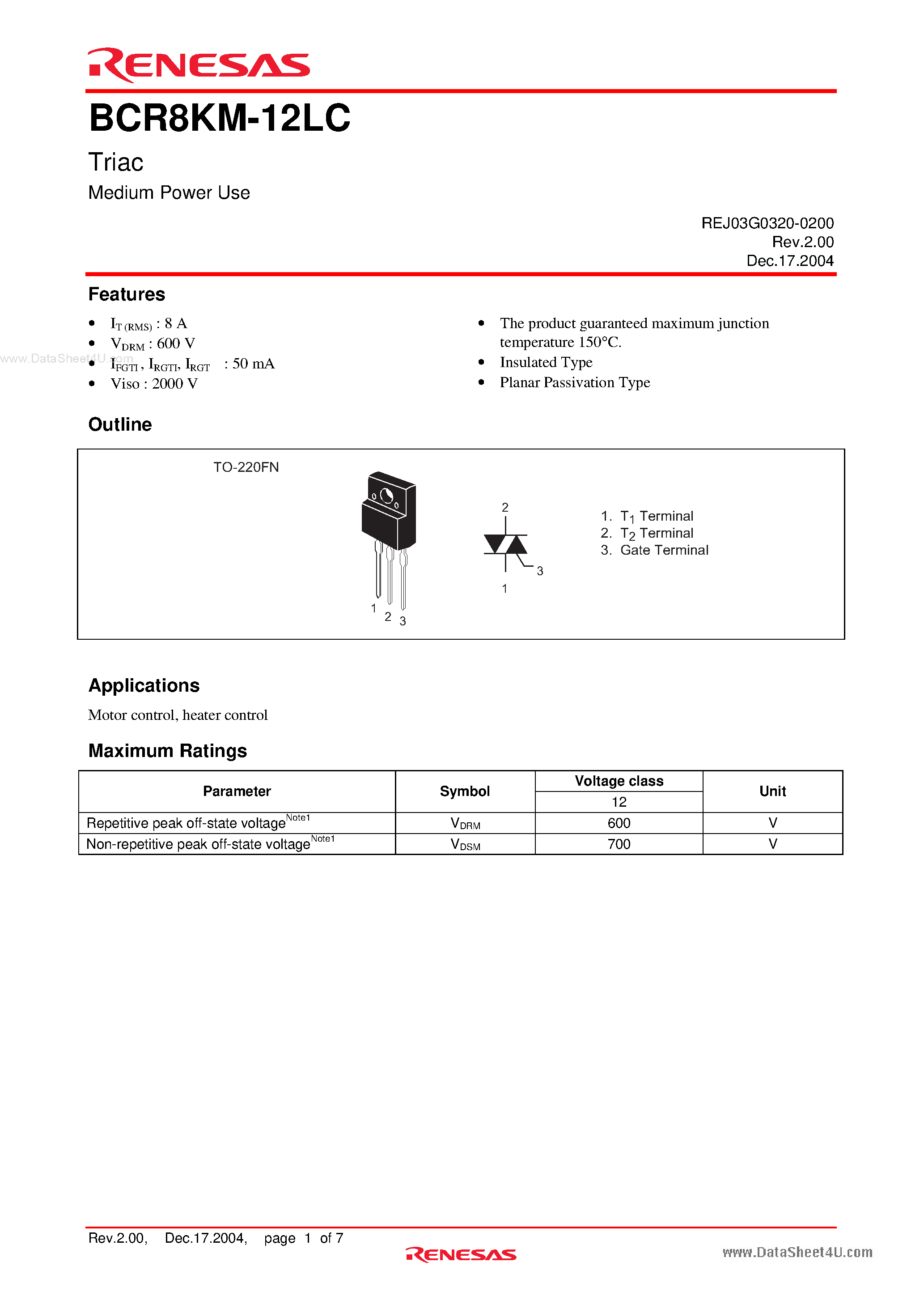 Даташит BCR8KM-12LC - Triac Medium Power Use страница 1