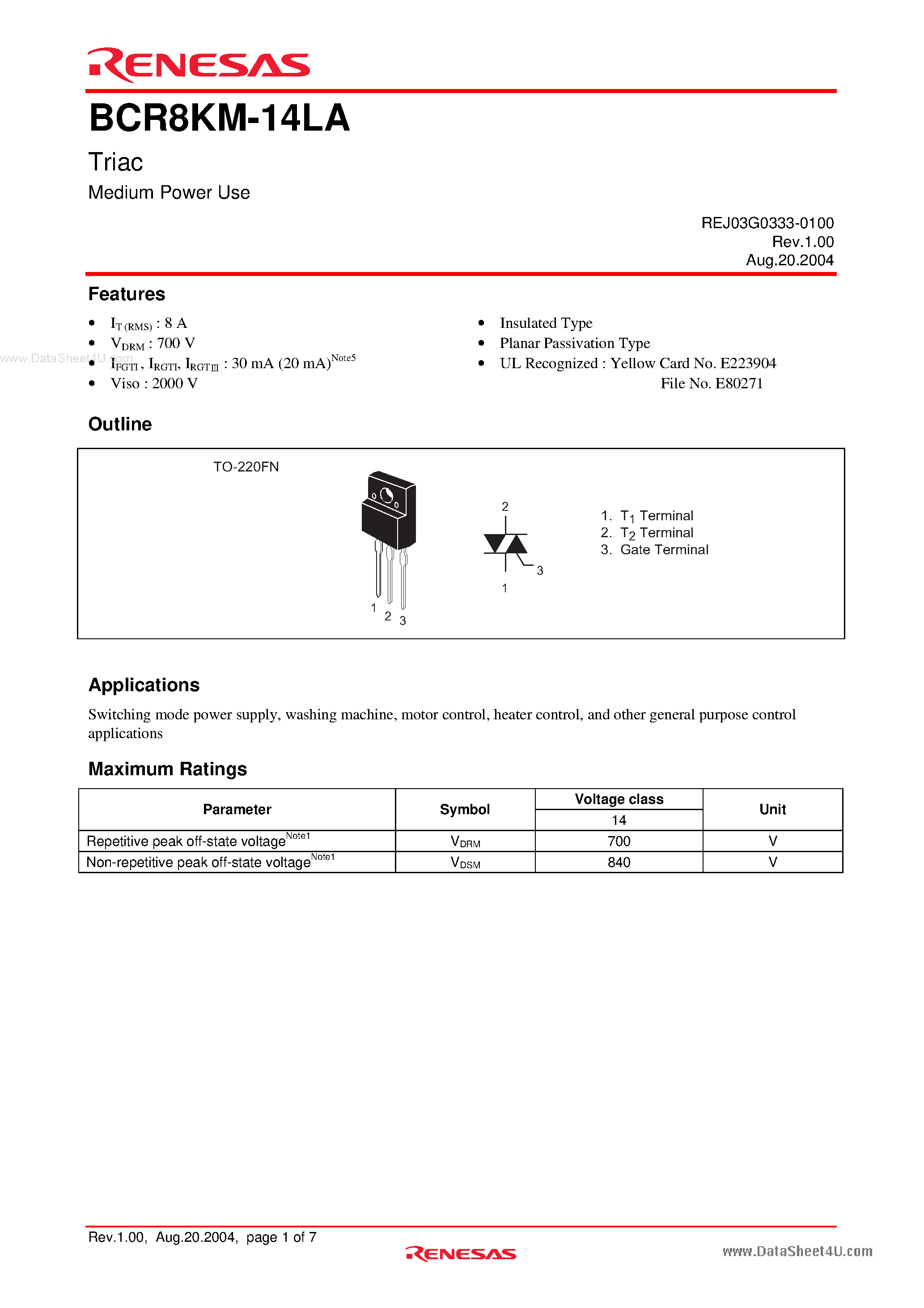 Даташит BCR8KM-14LA - Triac Medium Power Use страница 1