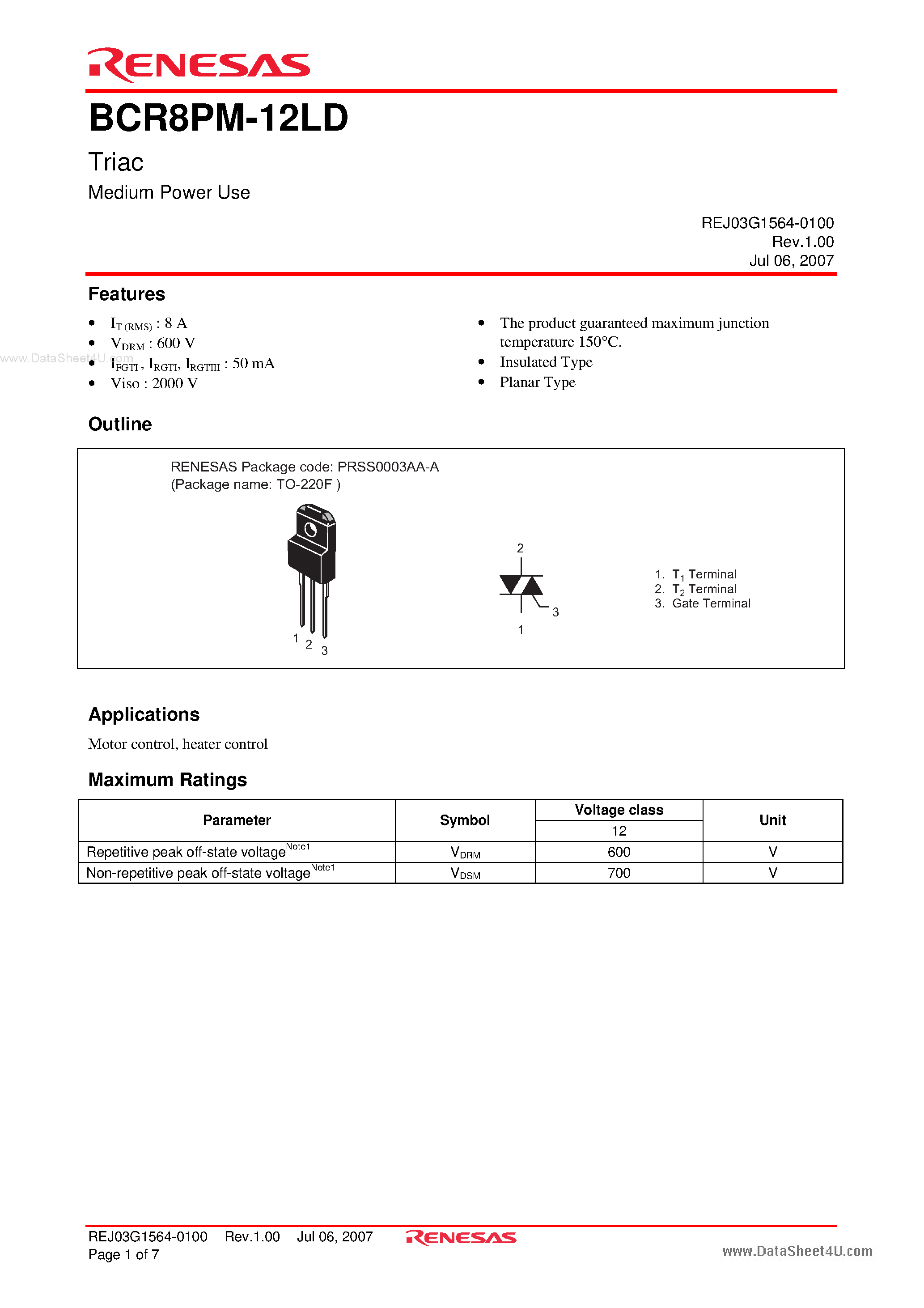 Даташит BCR8PM-12LD - Triac Medium Power Use страница 1