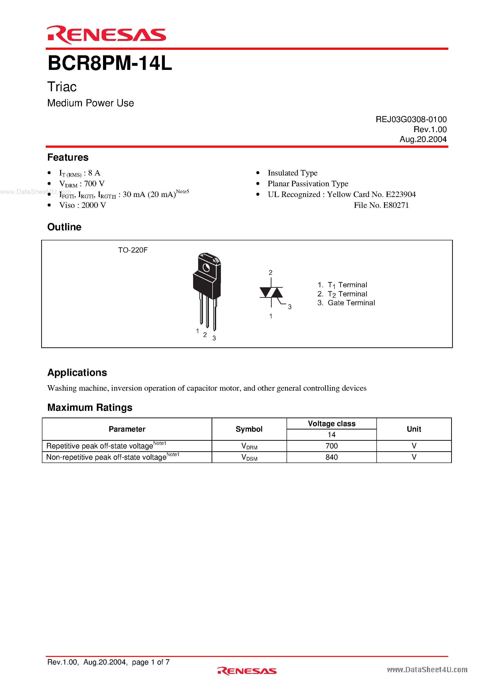 Даташит BCR8PM-14L - Triac Medium Power Use страница 1