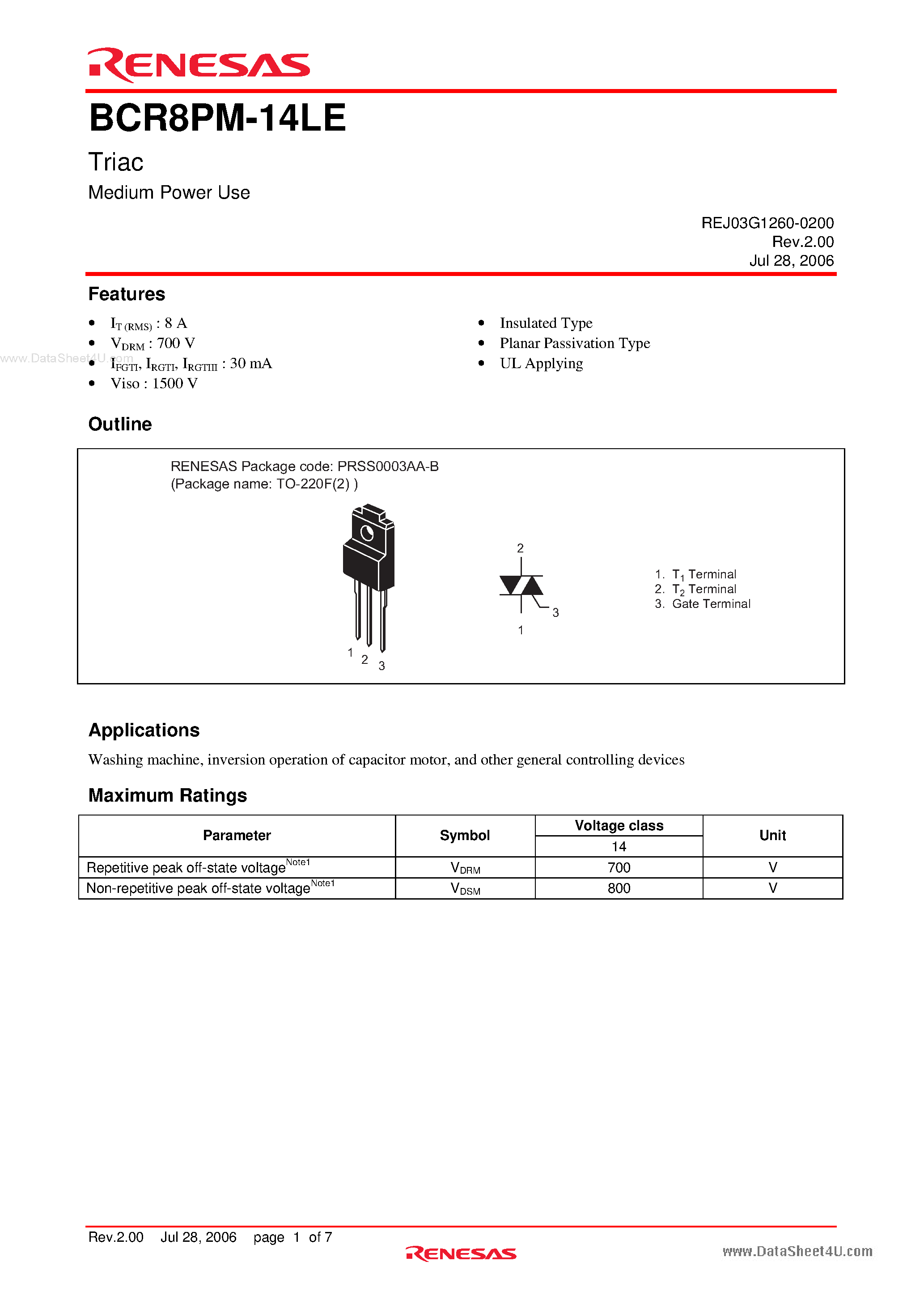 Даташит BCR8PM-14LE - Triac Medium Power Use страница 1