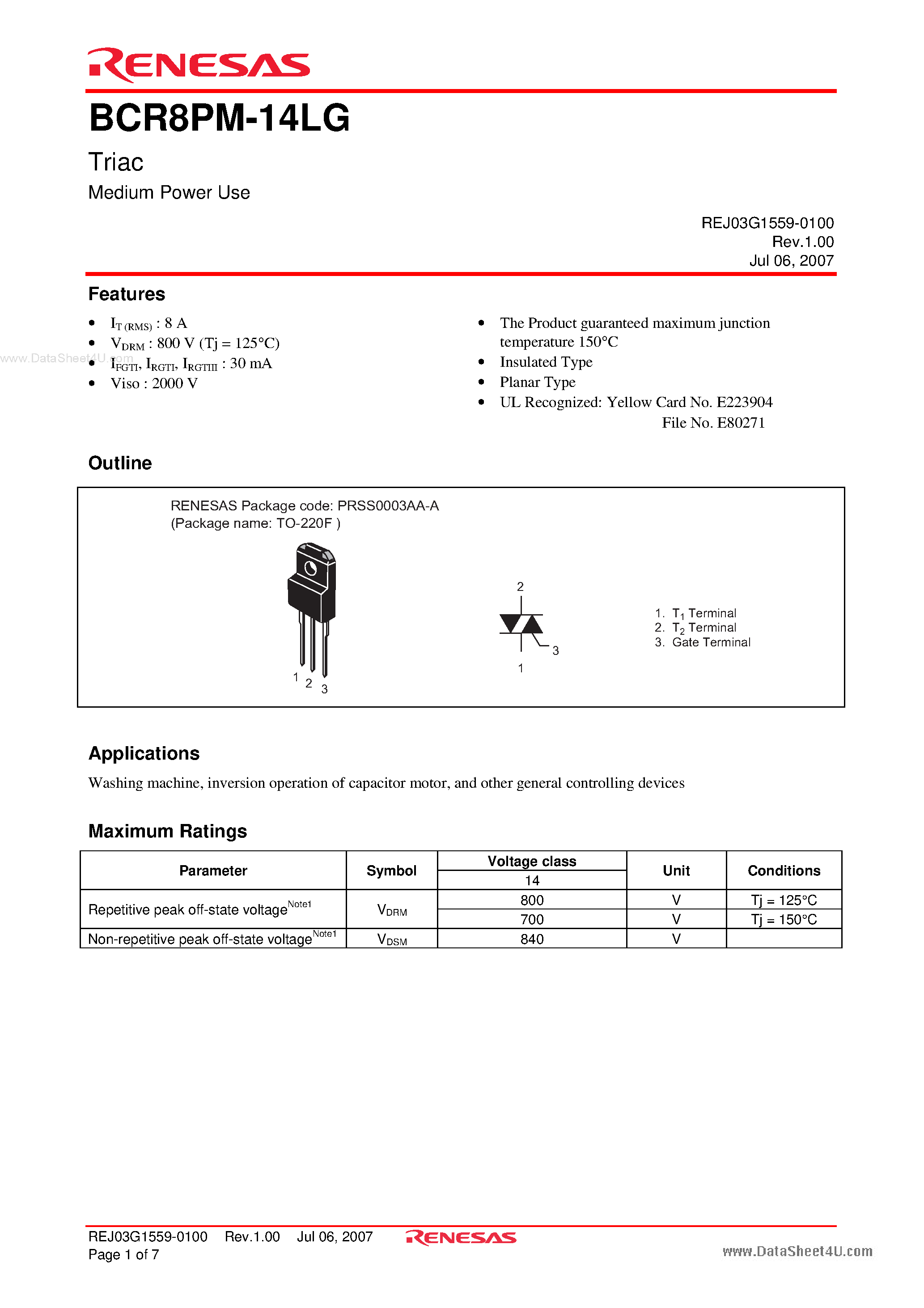 Даташит BCR8PM-14LG - Triac Medium Power Use страница 1