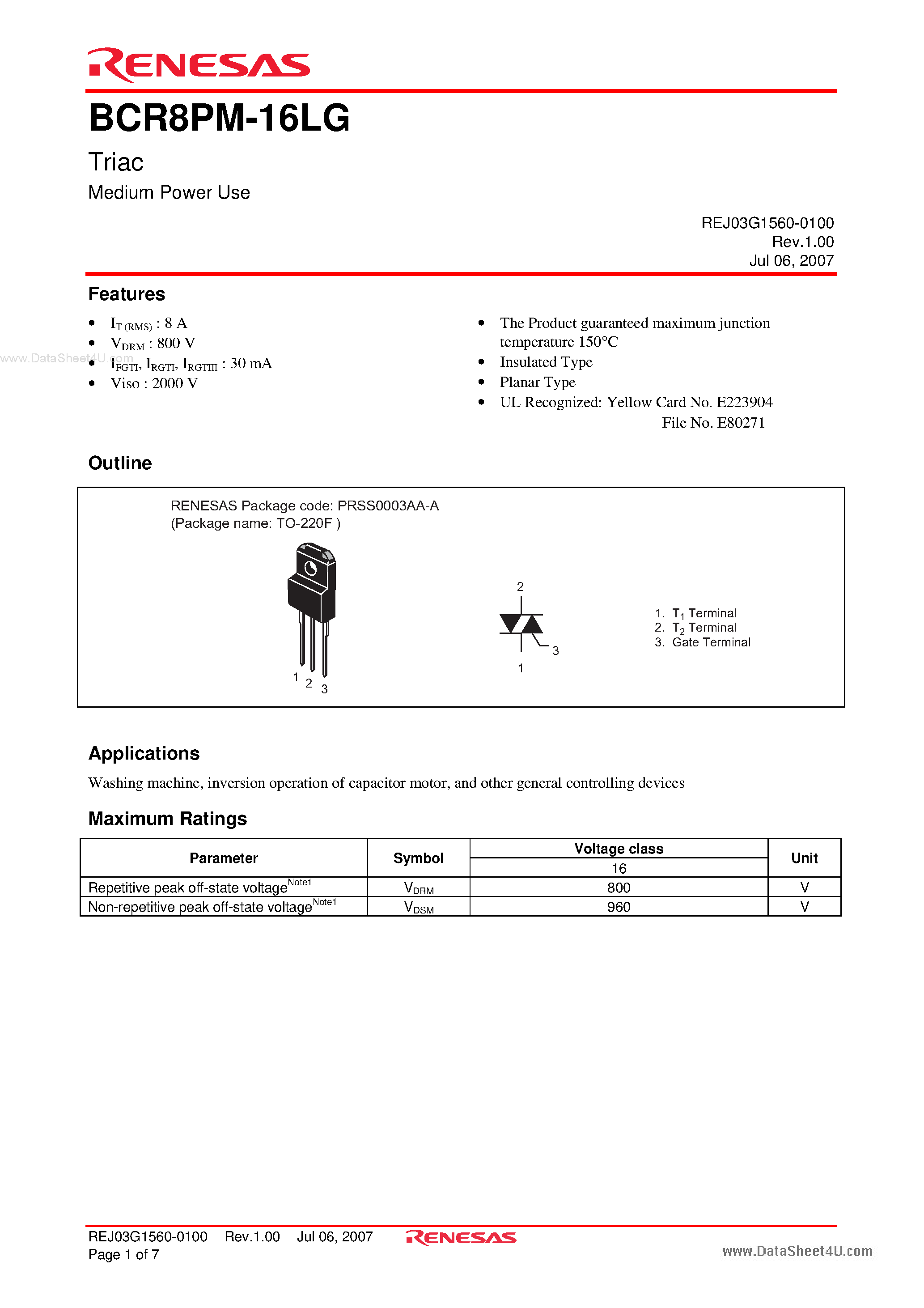 Даташит BCR8PM-16LG - Triac Medium Power Use страница 1