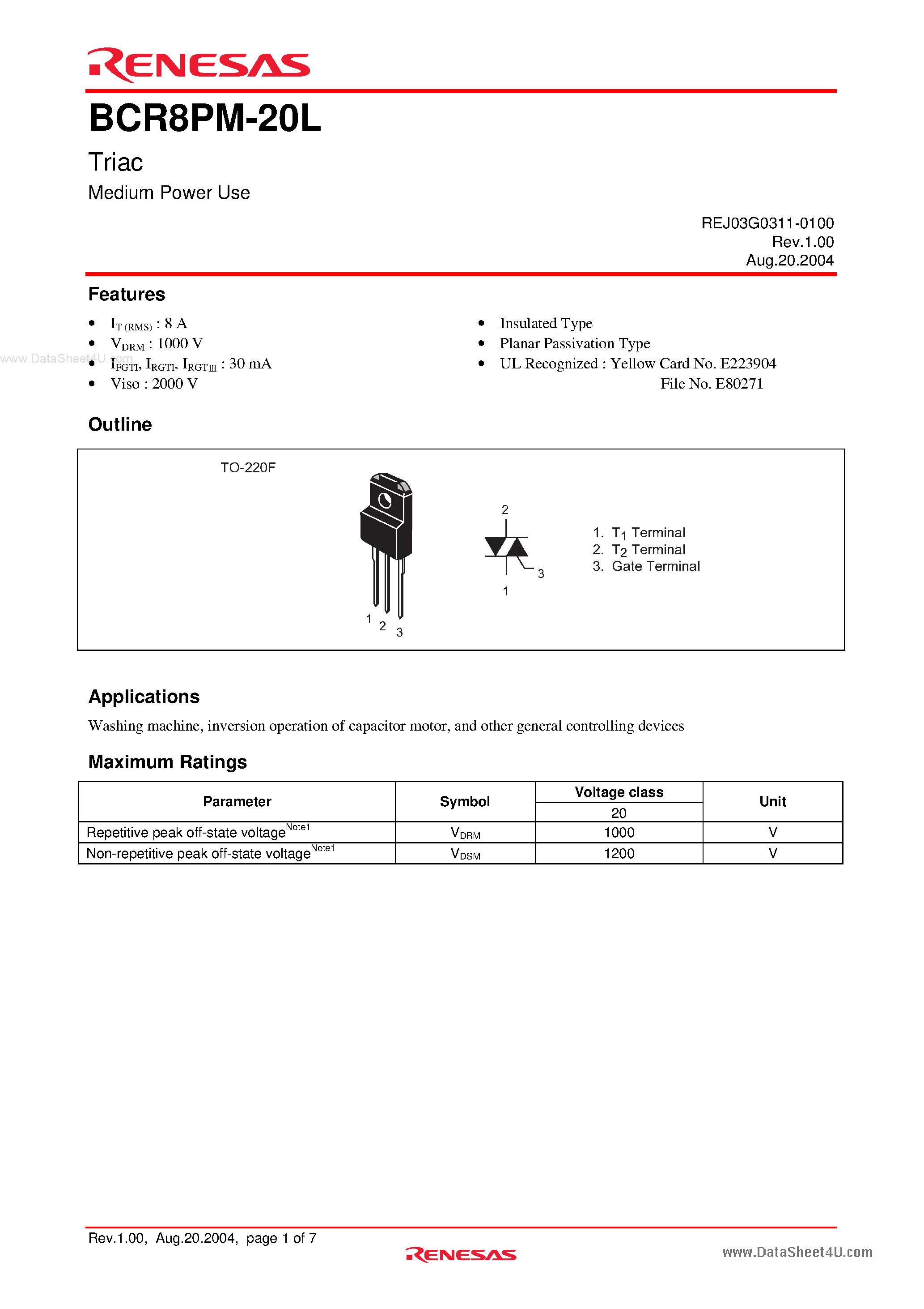 Даташит BCR8PM-20L - Triac Medium Power Use страница 1