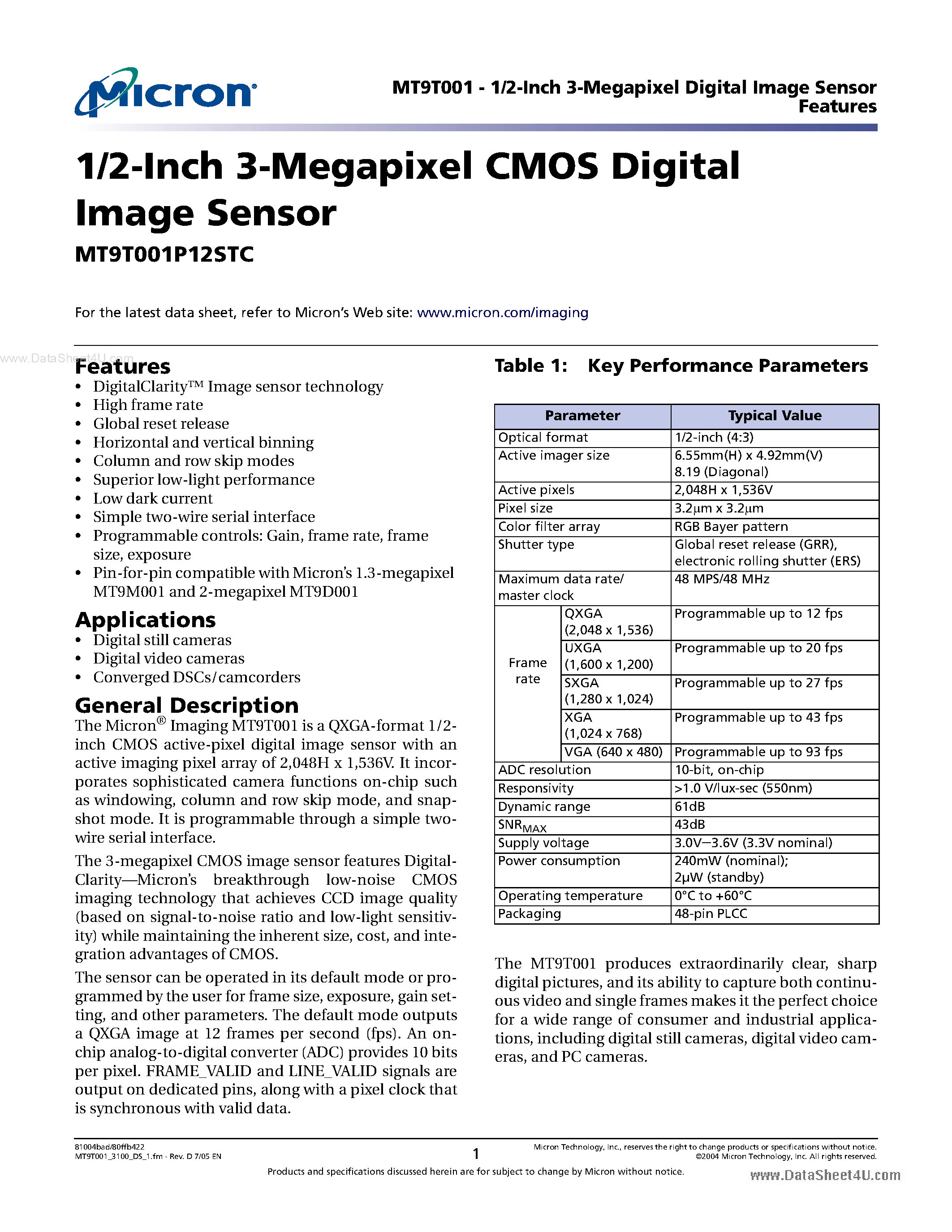 Даташит MT9T001P12STC - 1/2-Inch 3-Megapixel CMOS Digital Image Sensor страница 1