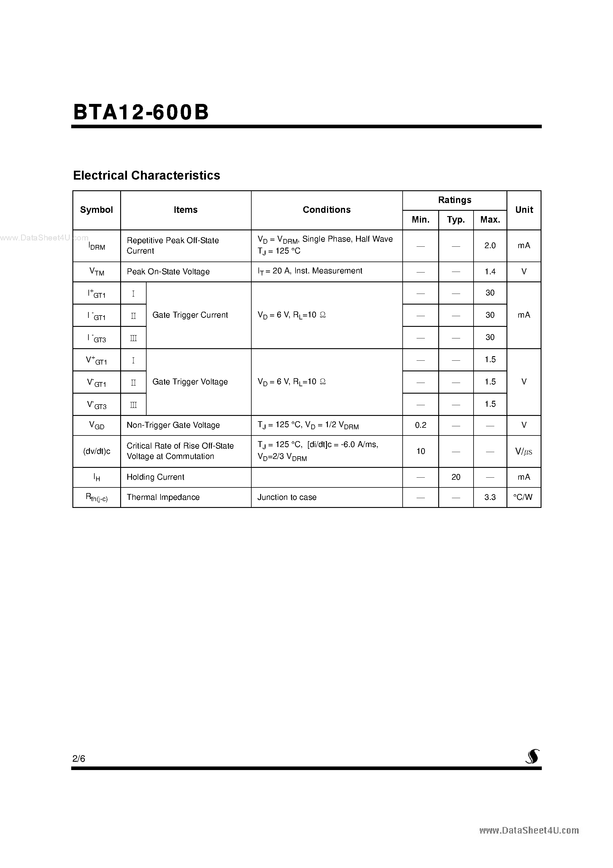 Datasheet BTA12-600B - Bi-Directional Triode Thyristor page 2