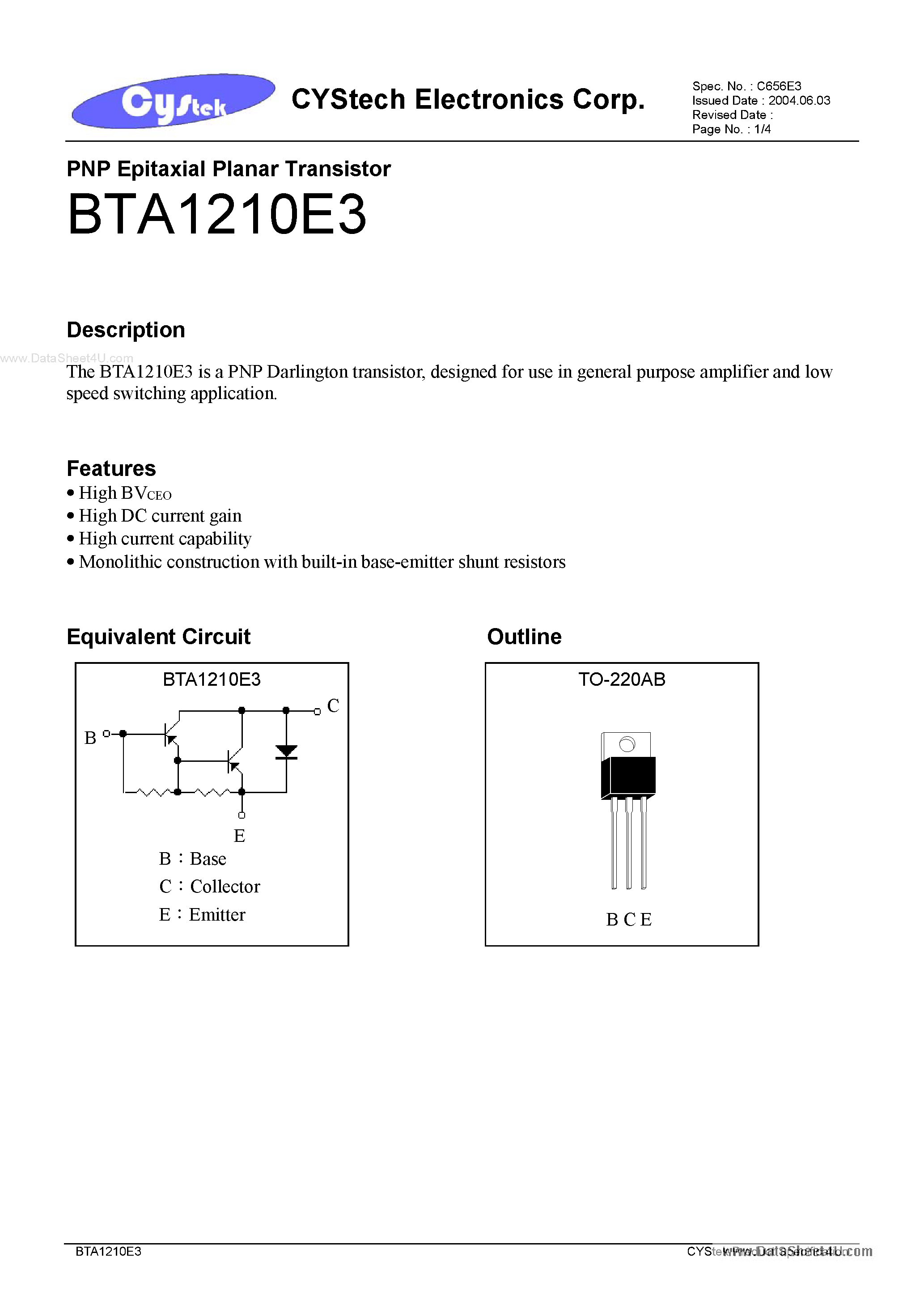 Datasheet BTA1210E3 - PNP Epitaxial Planar Transistor page 1