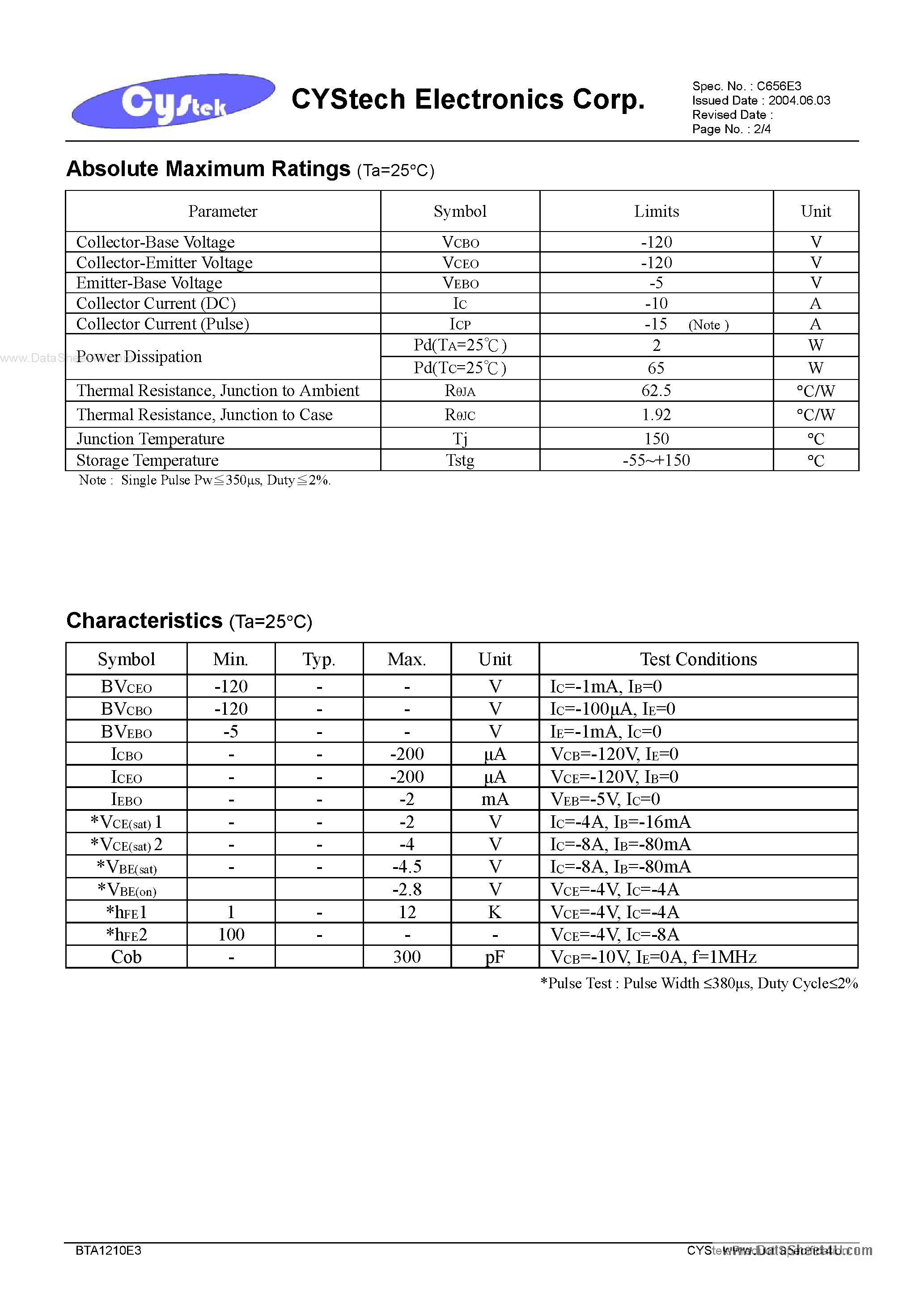 Datasheet BTA1210E3 - PNP Epitaxial Planar Transistor page 2