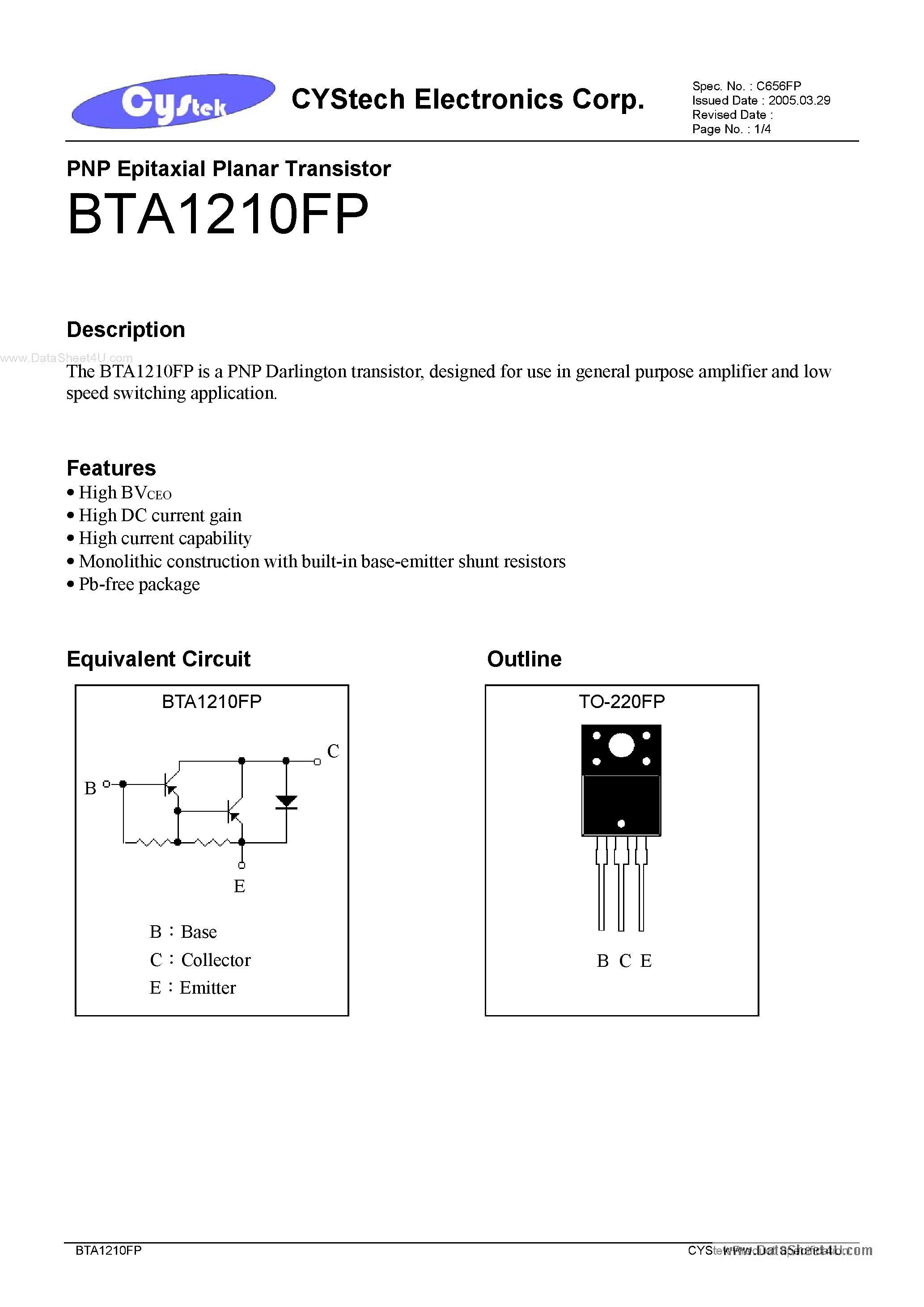 Datasheet BTA1210FP - PNP Epitaxial Planar Transistor page 1