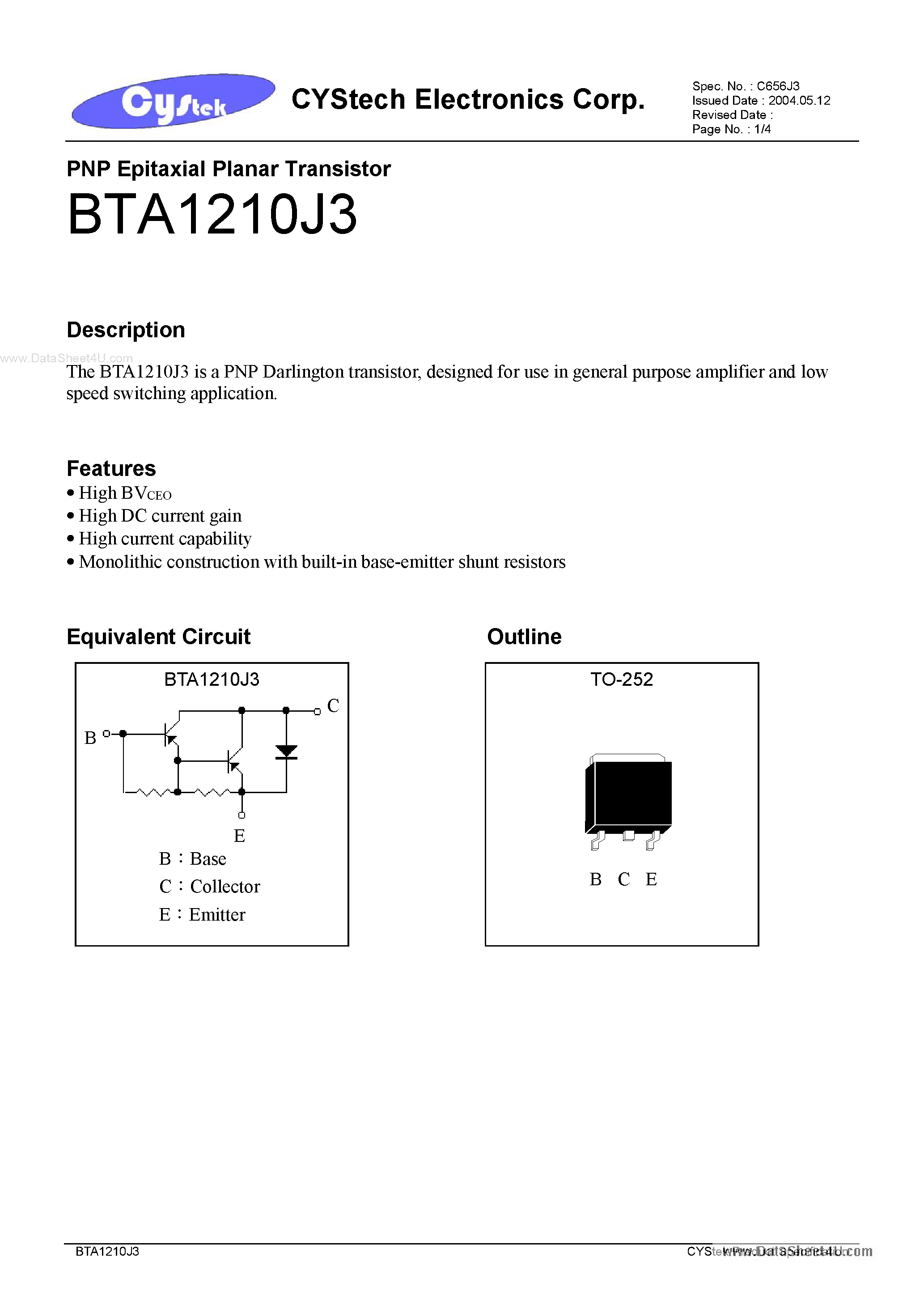 Datasheet BTA1210J3 - PNP Epitaxial Planar Transistor page 1