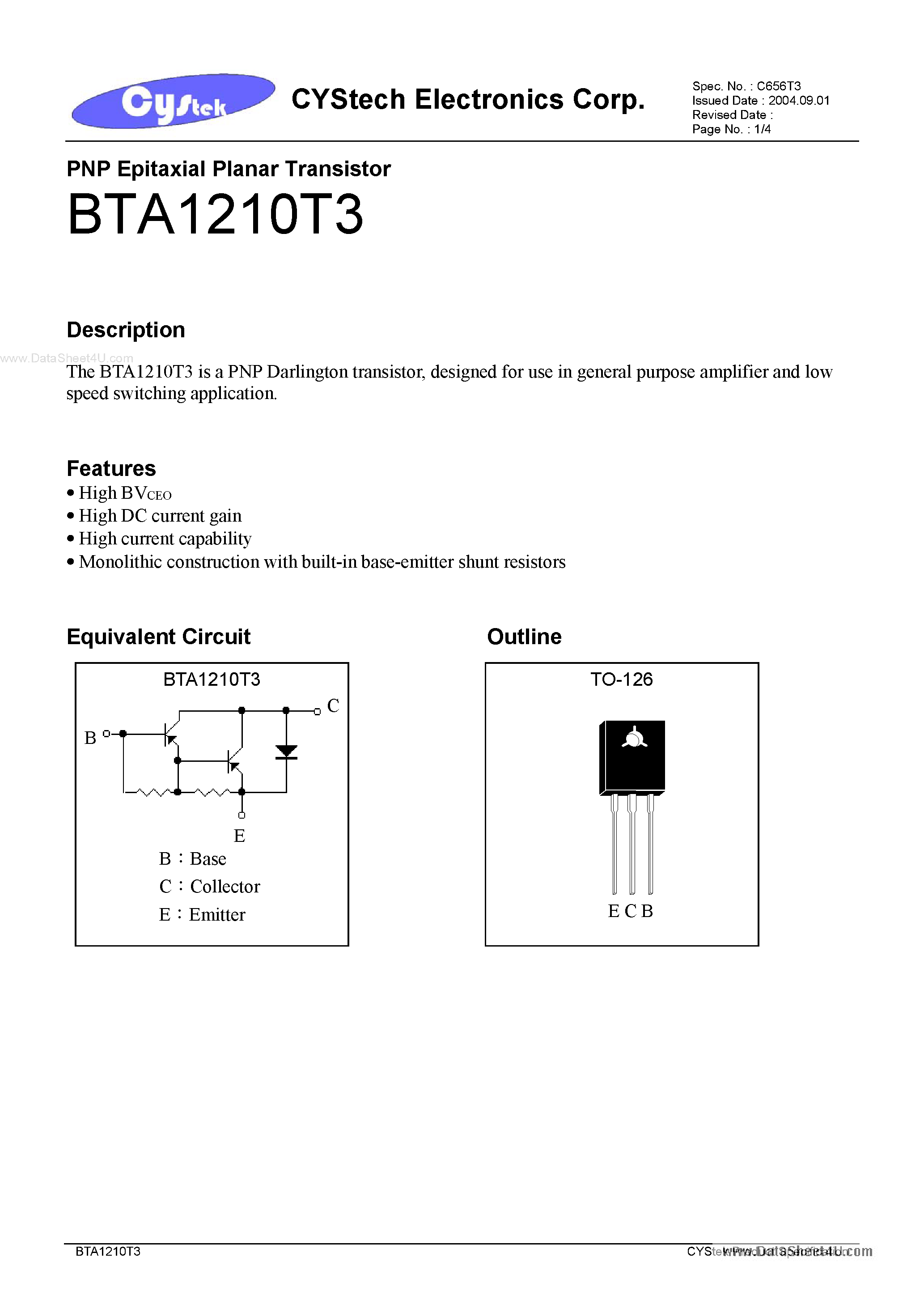 Datasheet BTA1210T3 - PNP Epitaxial Planar Transistor page 1