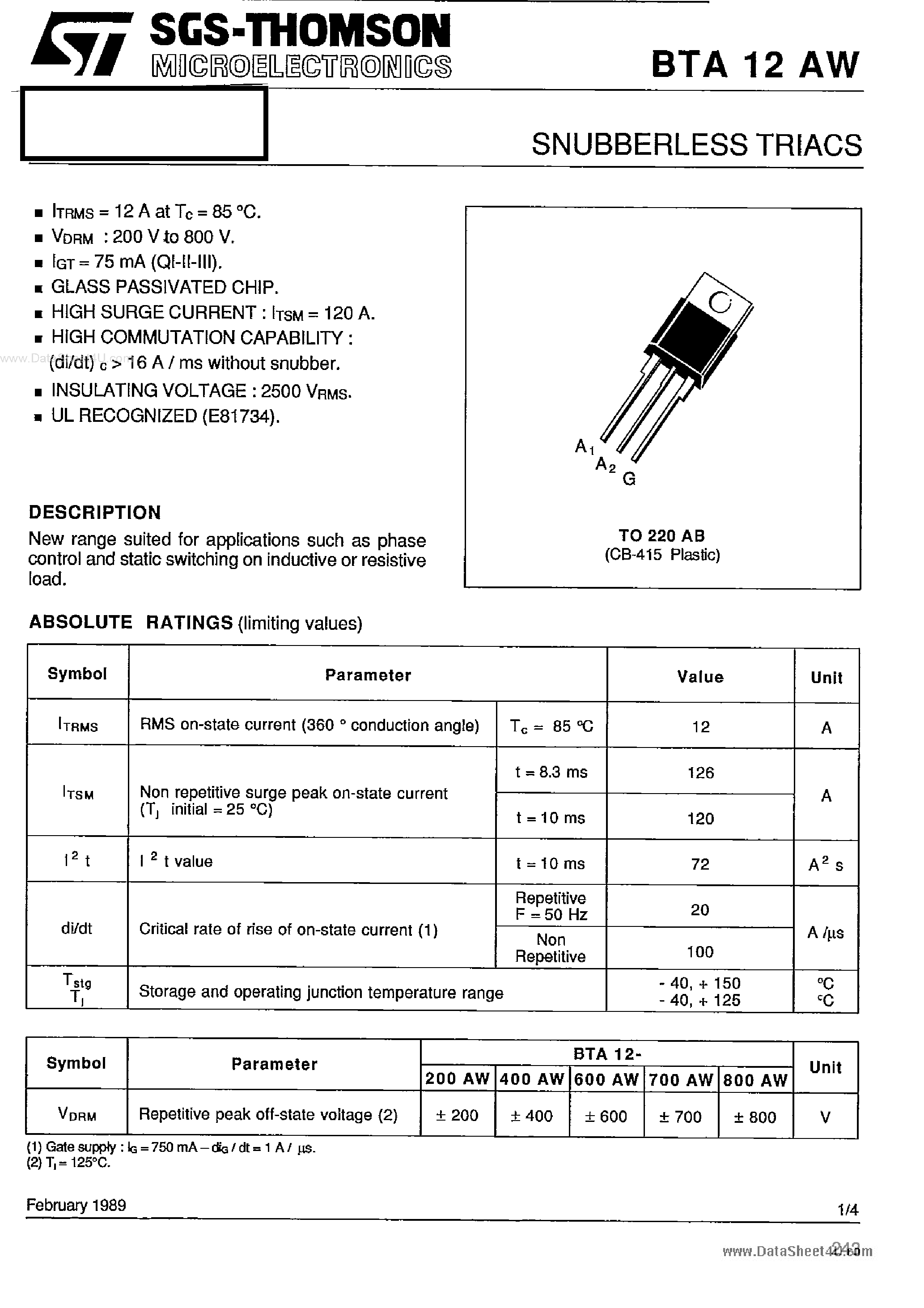 Datasheet BTA12AW - SNUBBERLESS TRIACS page 1