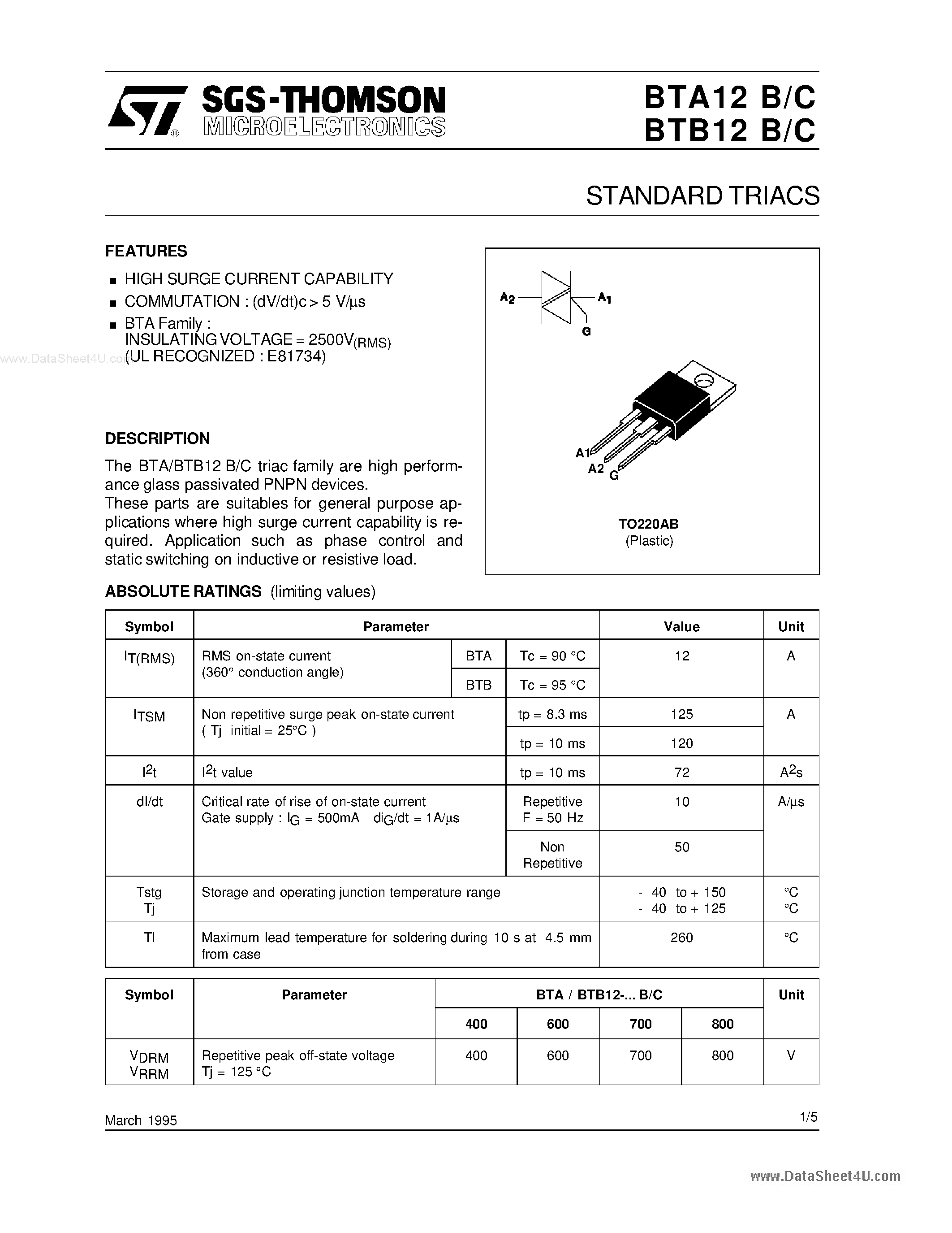 Datasheet BTA12B - STANDARD TRIACS page 1