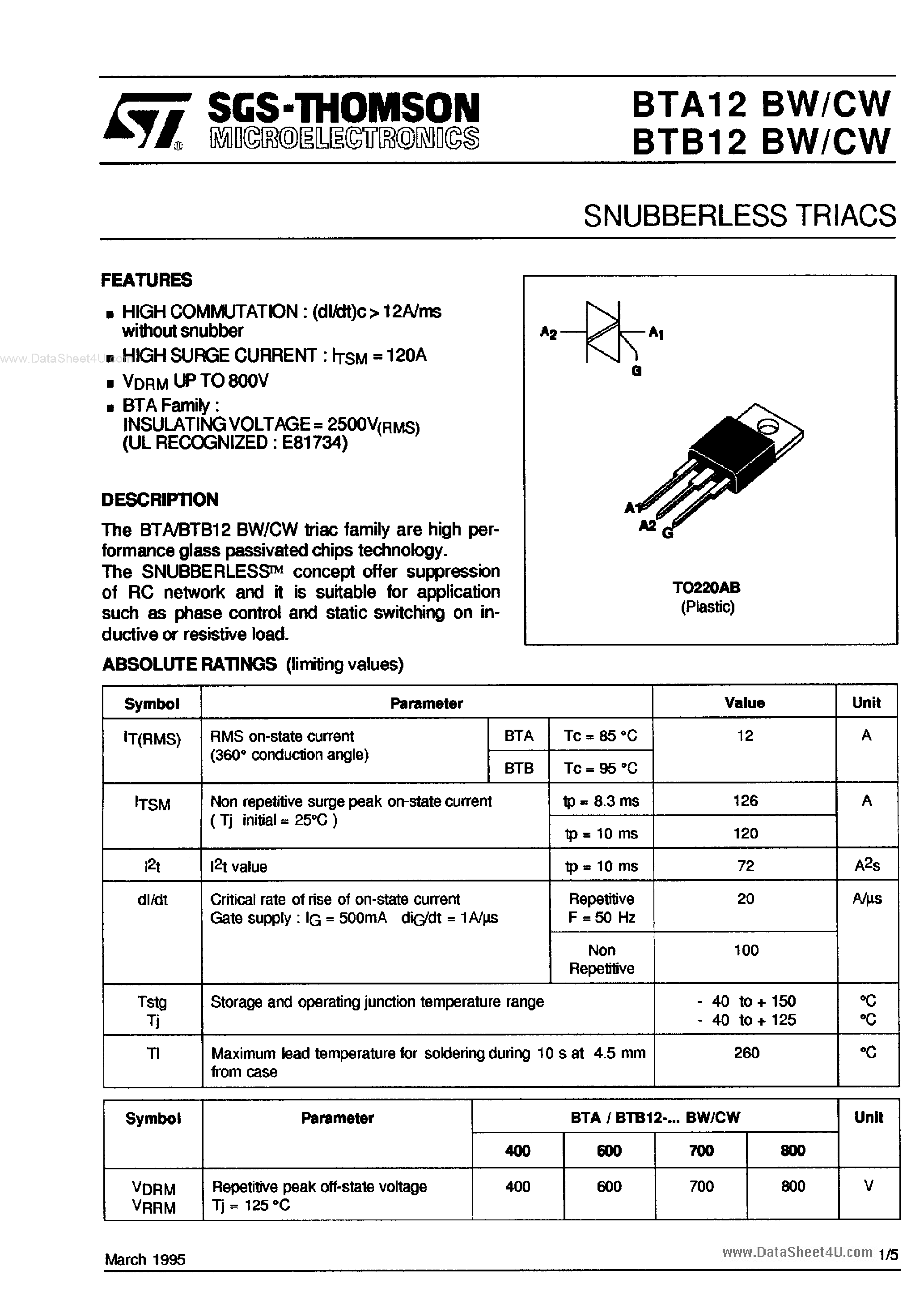 Datasheet BTA12BW - SNUBBERLESS TRIACS page 1