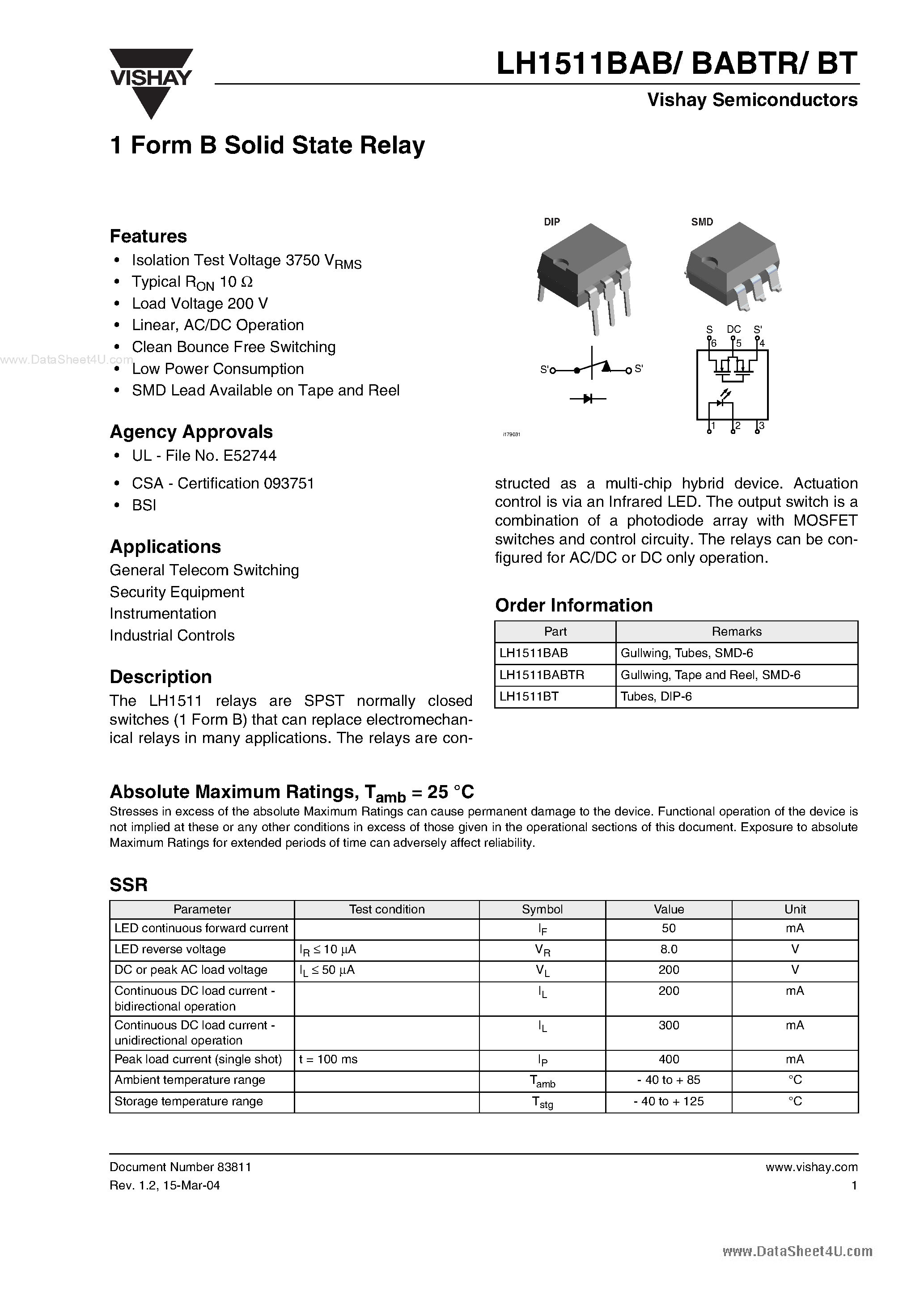 Datasheet LH1511BAB - 1 Form B Solid State Relay page 1