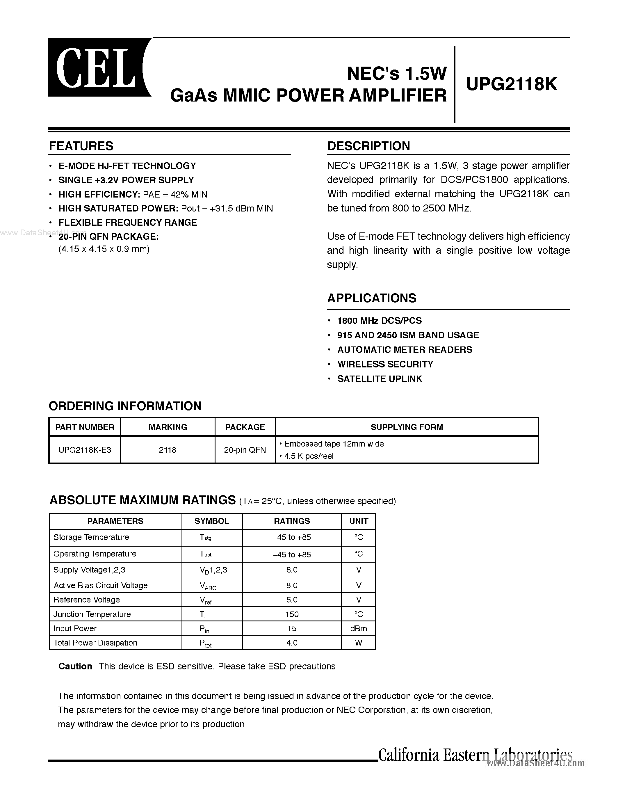 Даташит UPG2118K - 1.5W GaAs MMIC POWER AMPLIFIER страница 1