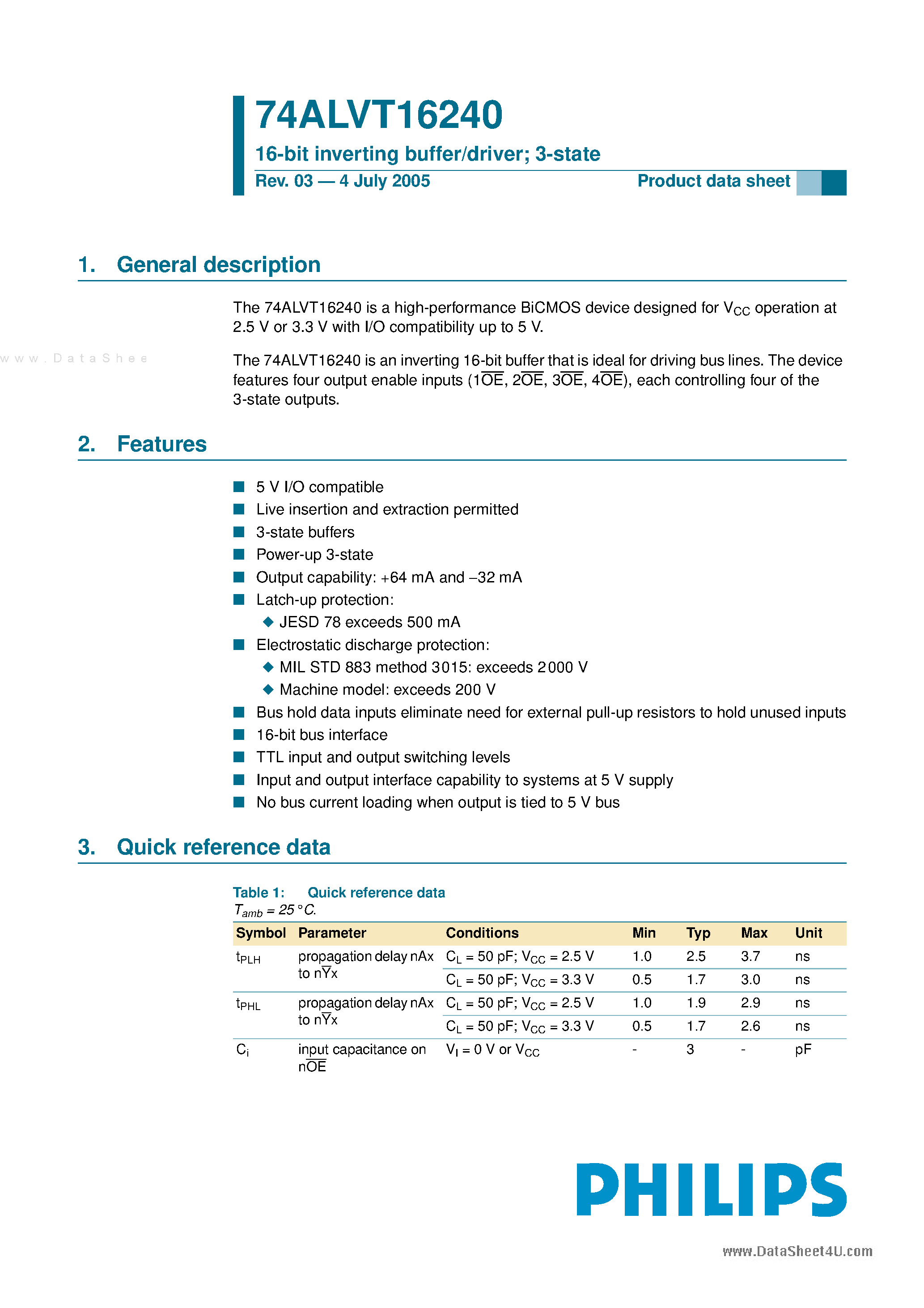 Datasheet 74ALVT16240 - 16-bit inverting buffer/driver page 1