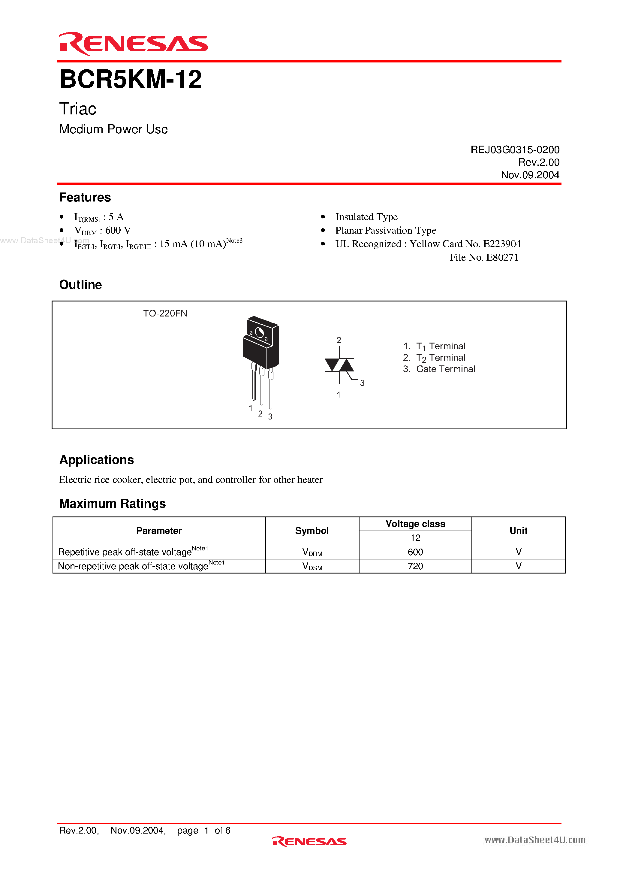 Даташит BCR5KM-12 - Triac Medium Power Use страница 1