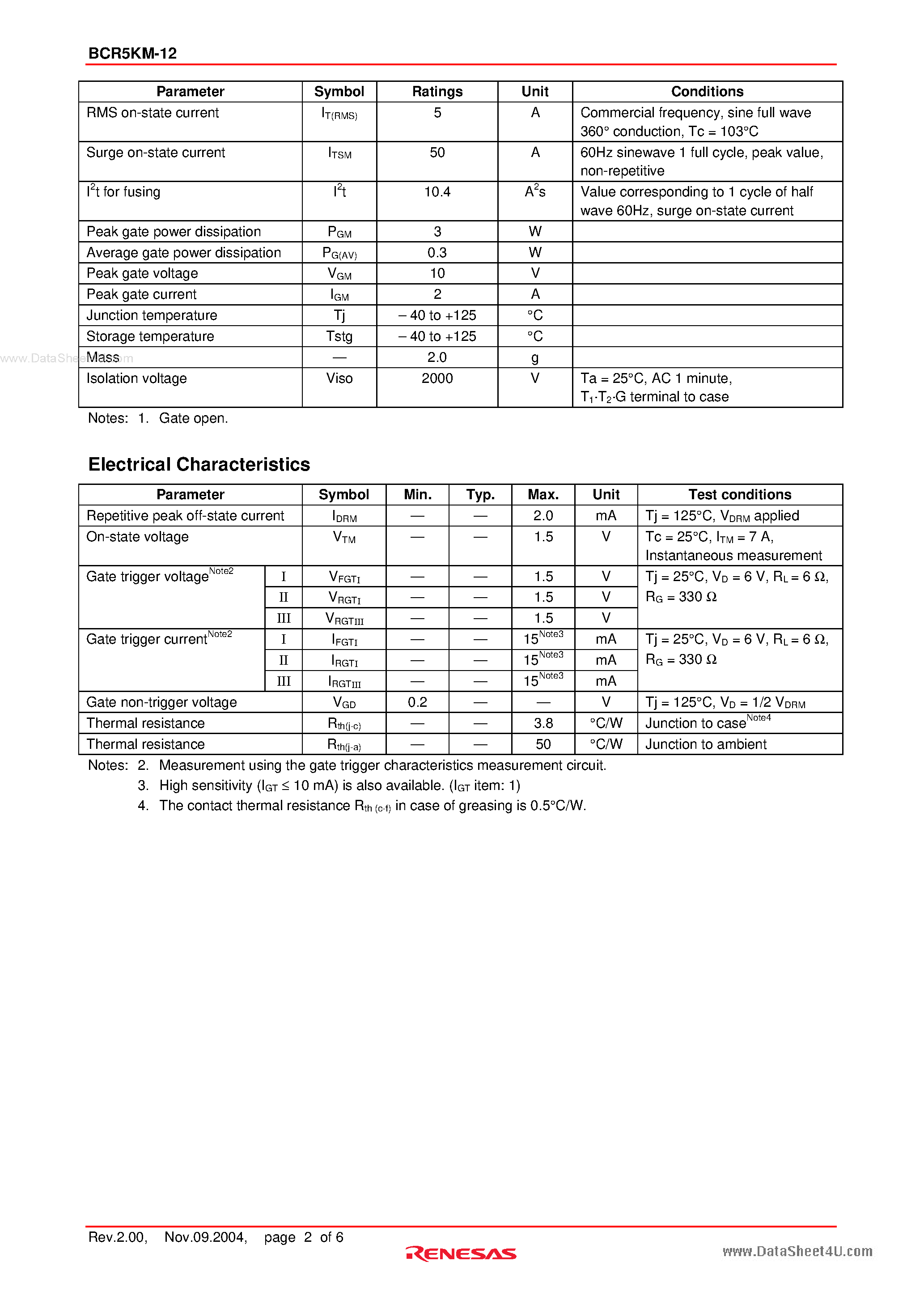 Даташит BCR5KM-12 - Triac Medium Power Use страница 2