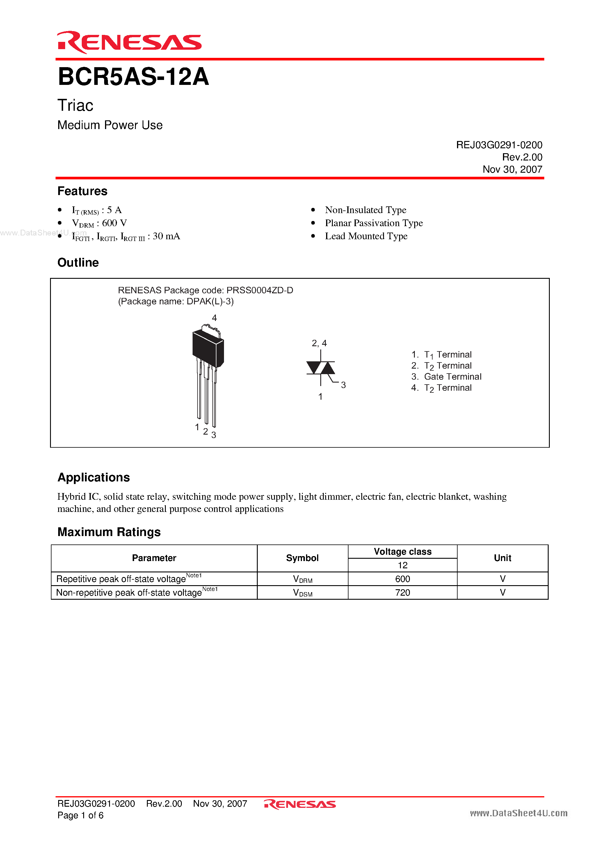 Даташит BCR5AS-12A - Triac Medium Power Use страница 1