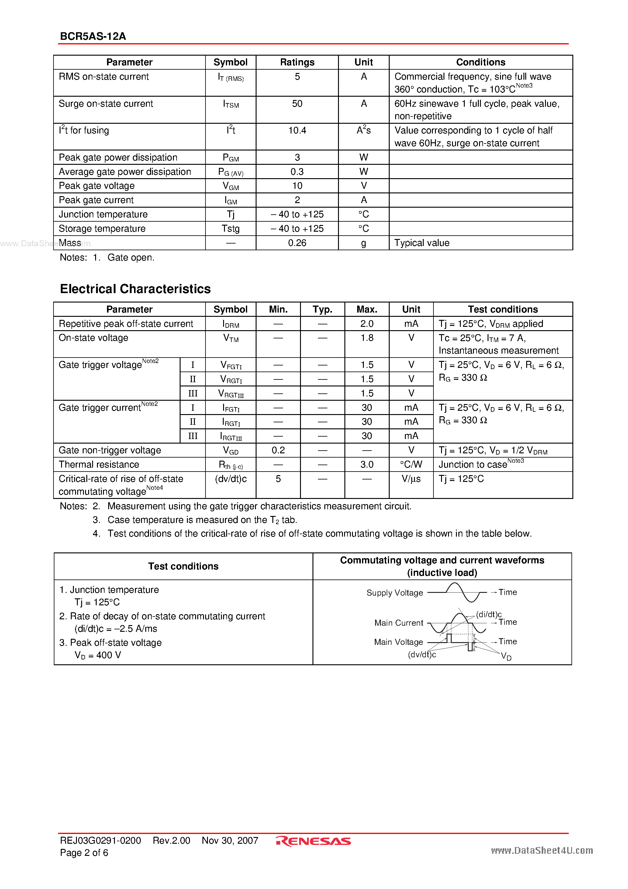 Даташит BCR5AS-12A - Triac Medium Power Use страница 2