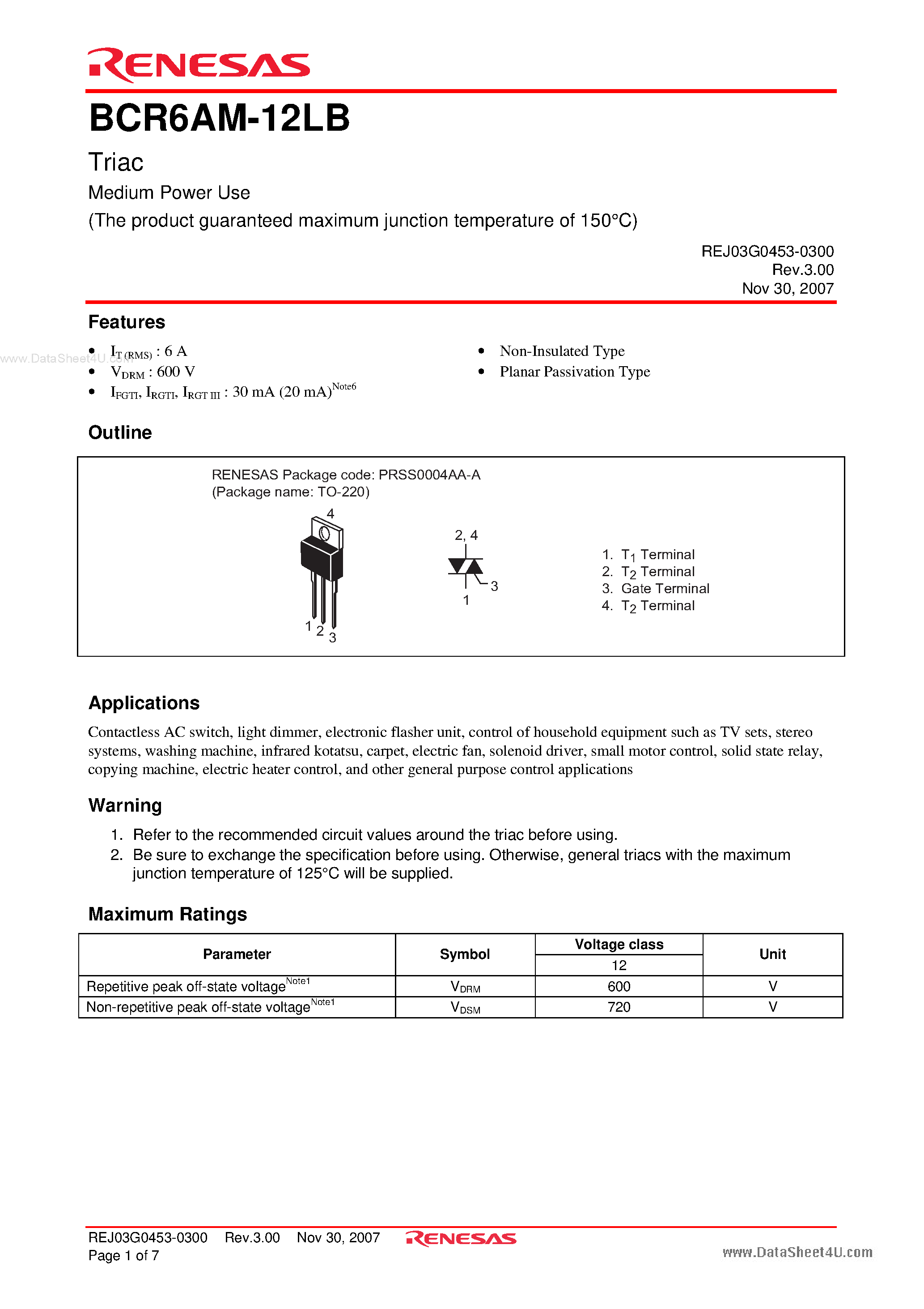 Даташит BCR6AM-12LB - Triac Medium Power Use страница 1