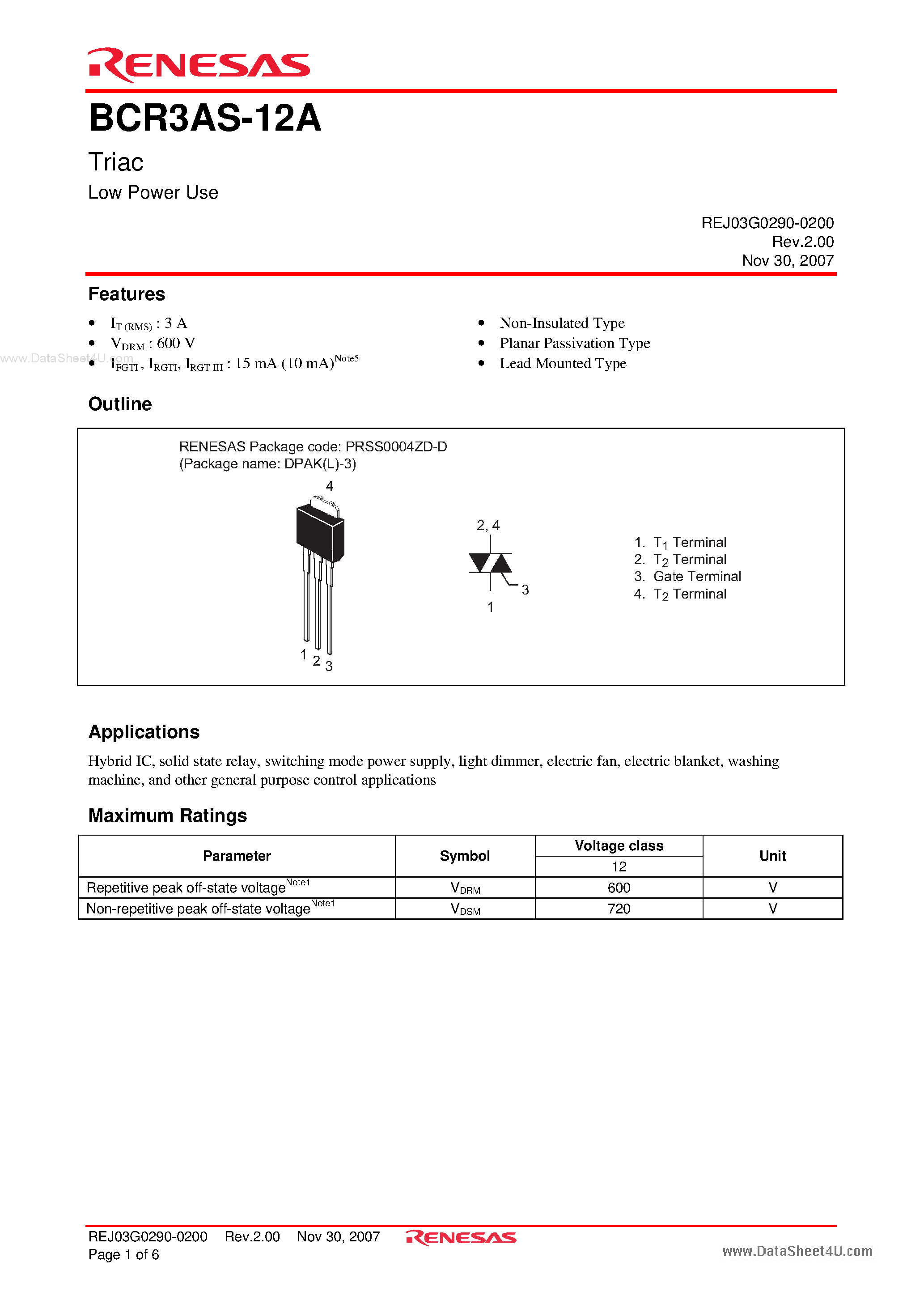 Даташит BCR3AS-12A - Triac Low Power Use страница 1