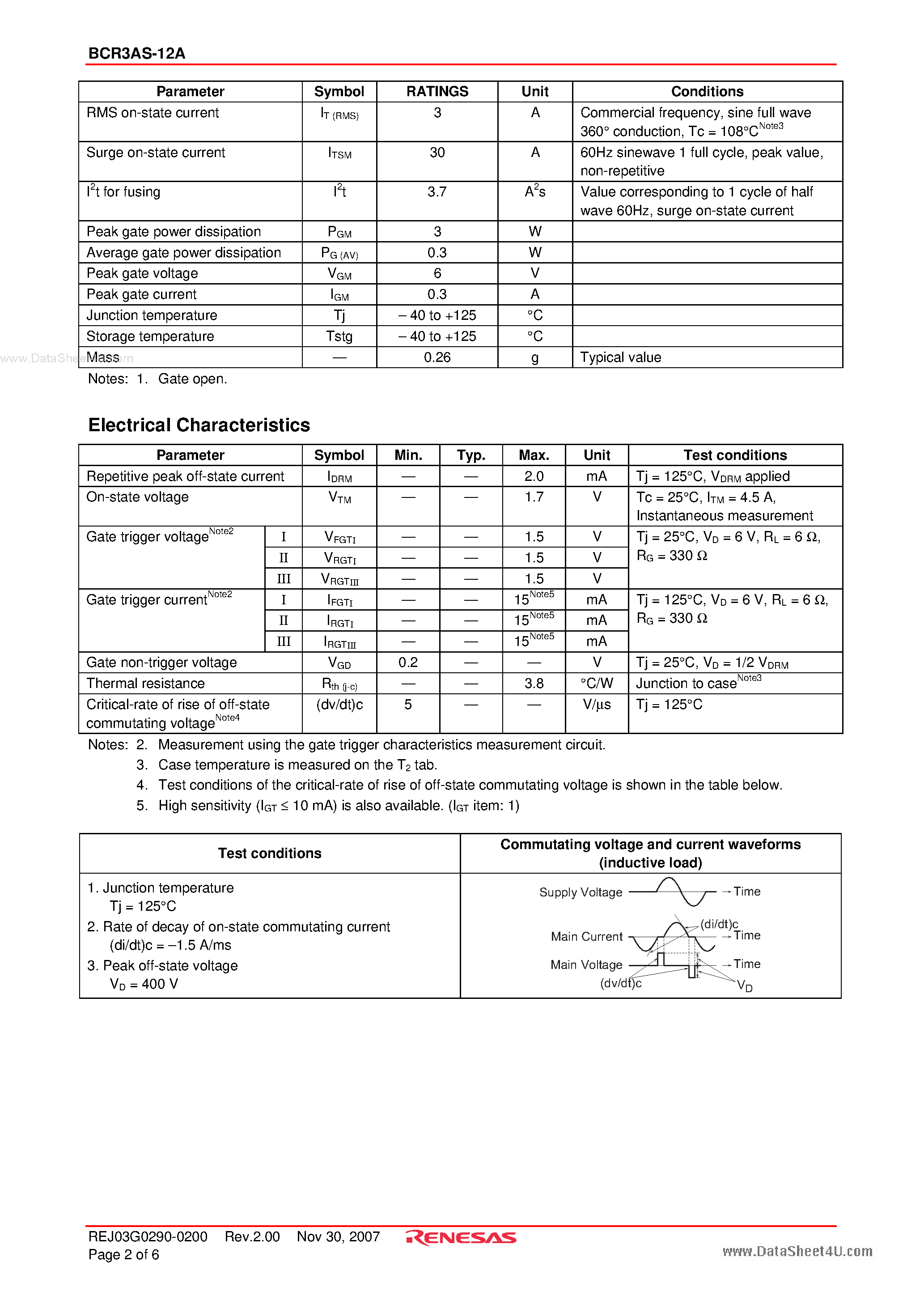 Даташит BCR3AS-12A - Triac Low Power Use страница 2