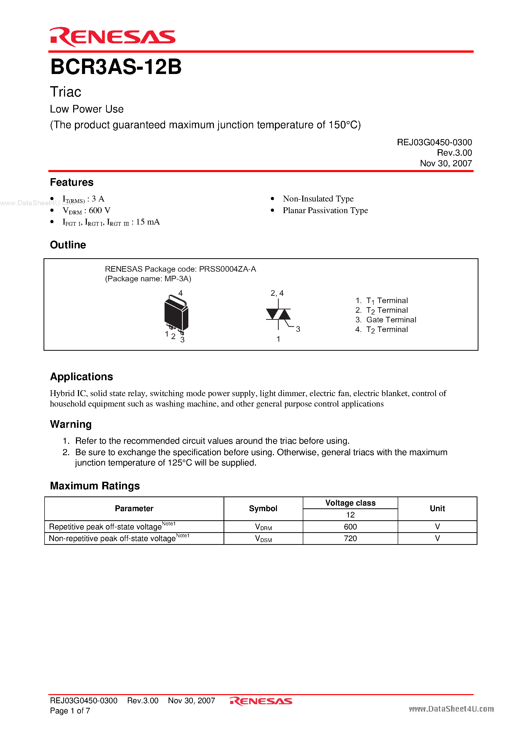 Даташит BCR3AS-12B - Triac Low Power Use страница 1