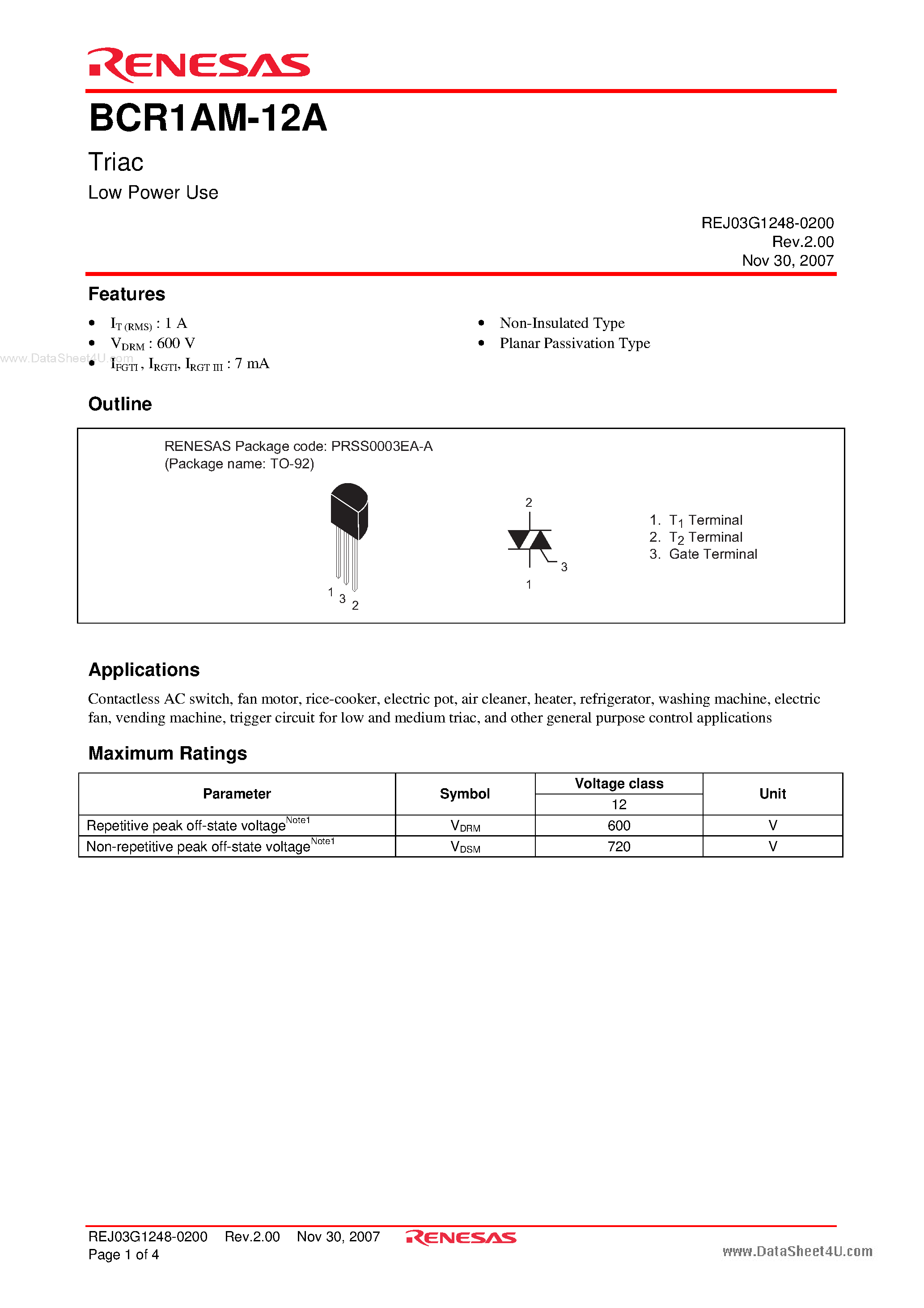 Даташит BCR1AM-12A - Triac Low Power Use страница 1