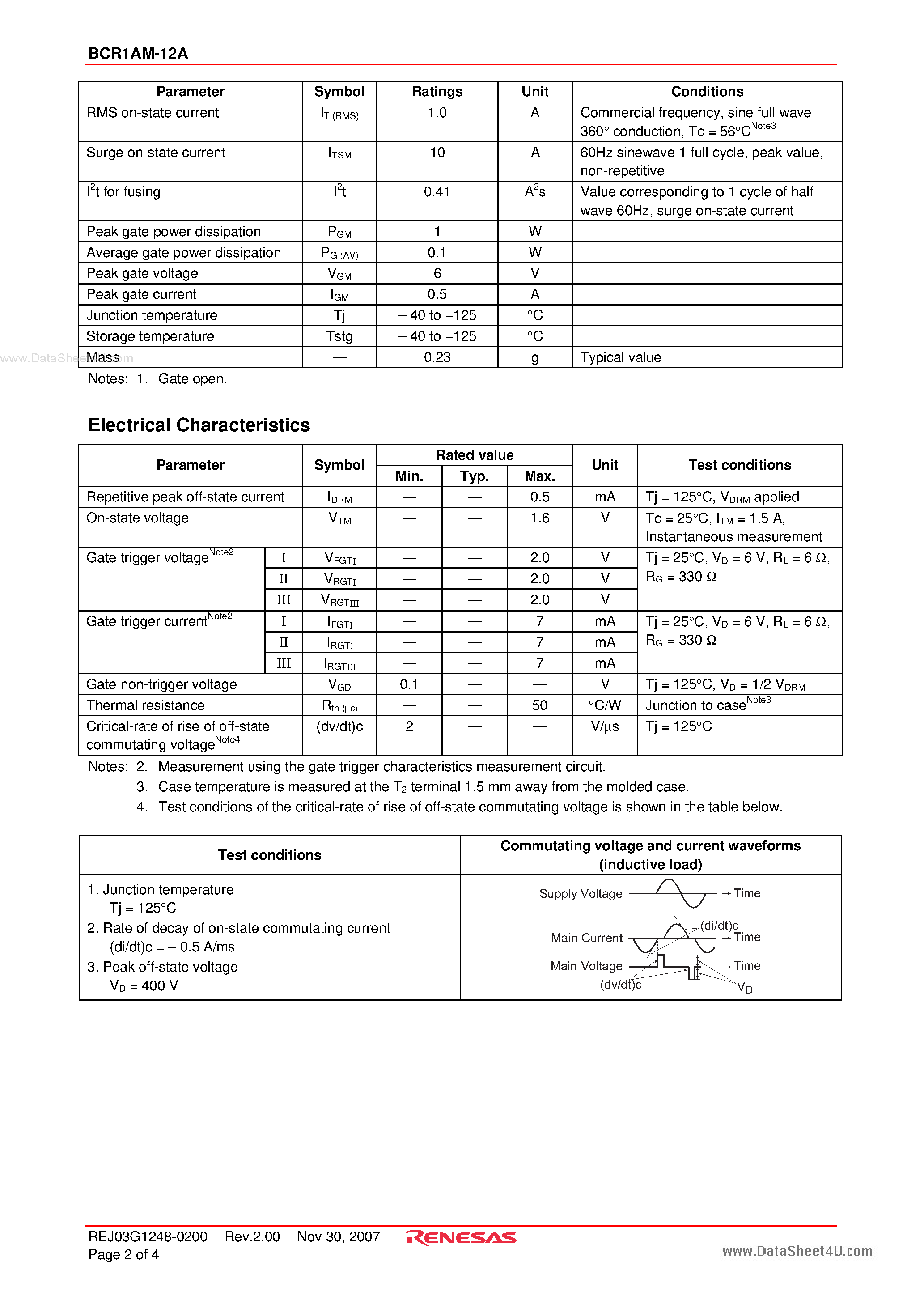 Даташит BCR1AM-12A - Triac Low Power Use страница 2