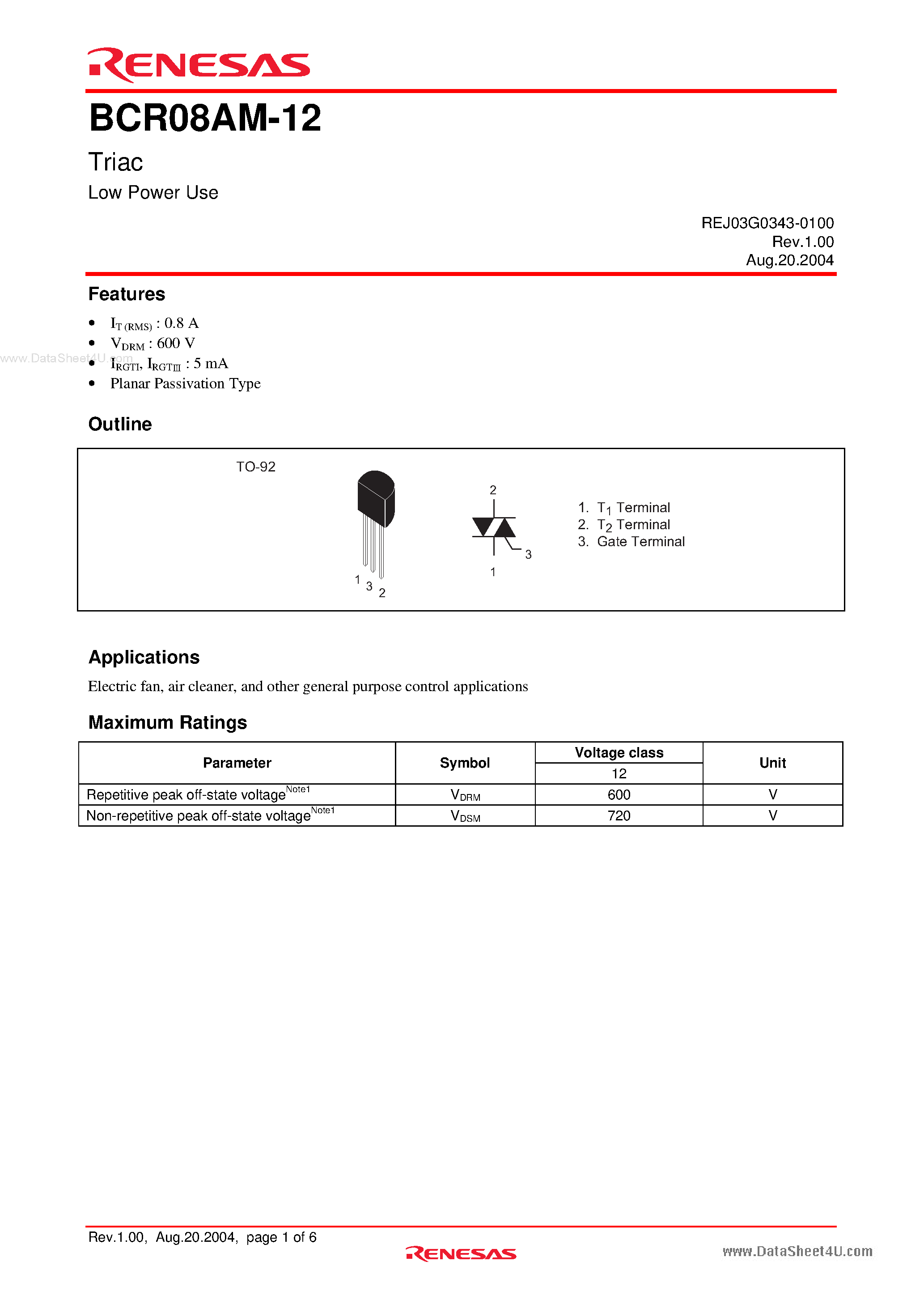 Datasheet BCR08AM-12 - Triac Low Power Use page 1